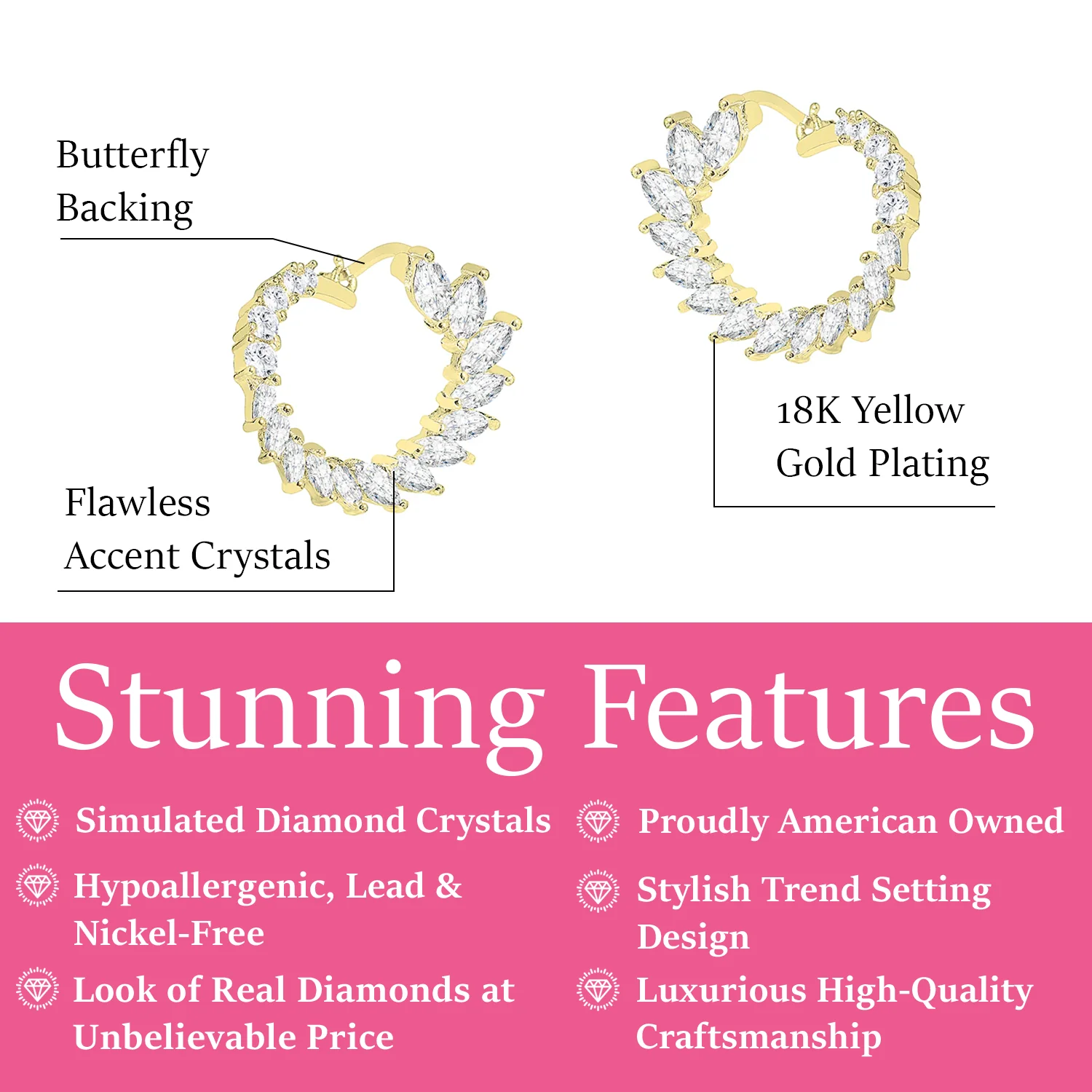 Adelyn 18k Gold Plated Sideways Hoop Earrings with Simulated Diamond Crystals — Final Sale - Image 9