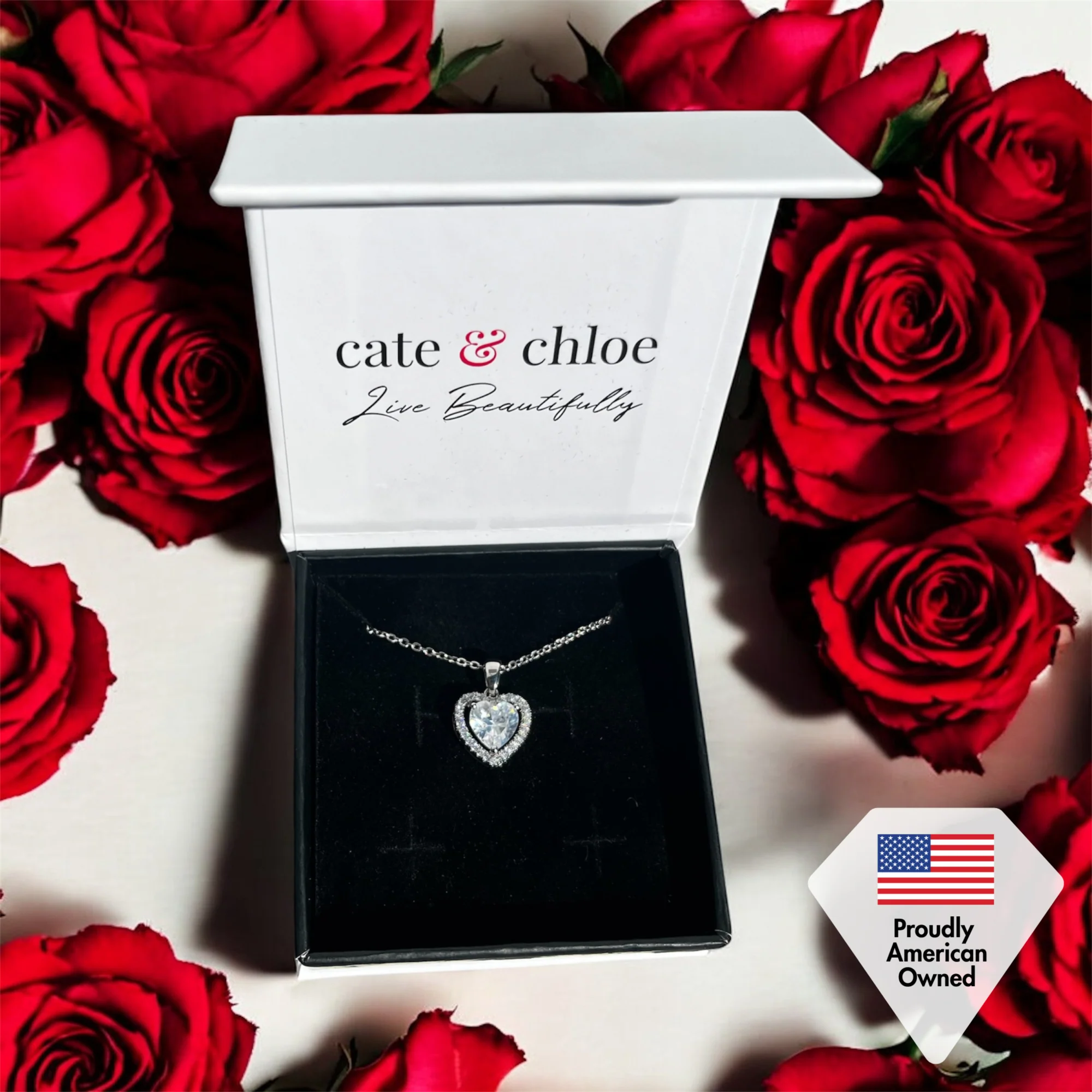 Amora 18k White Gold Plated Halo Heart Pendant Necklace with Simulated Diamond Crystals - Image 7