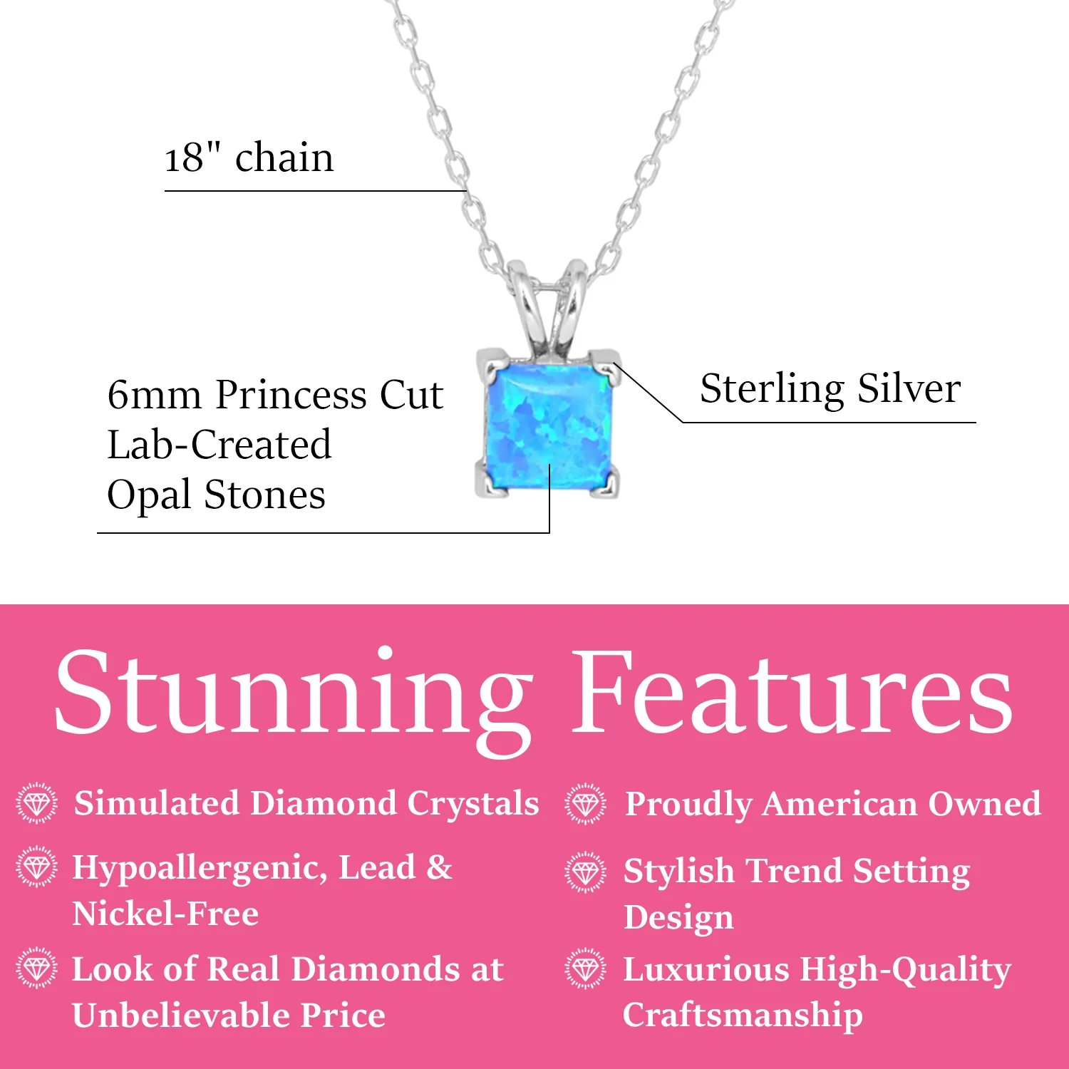 Amphitrite 18k White Gold Plated Pendant Necklace with Princess Cut Opal Stone - Image 3