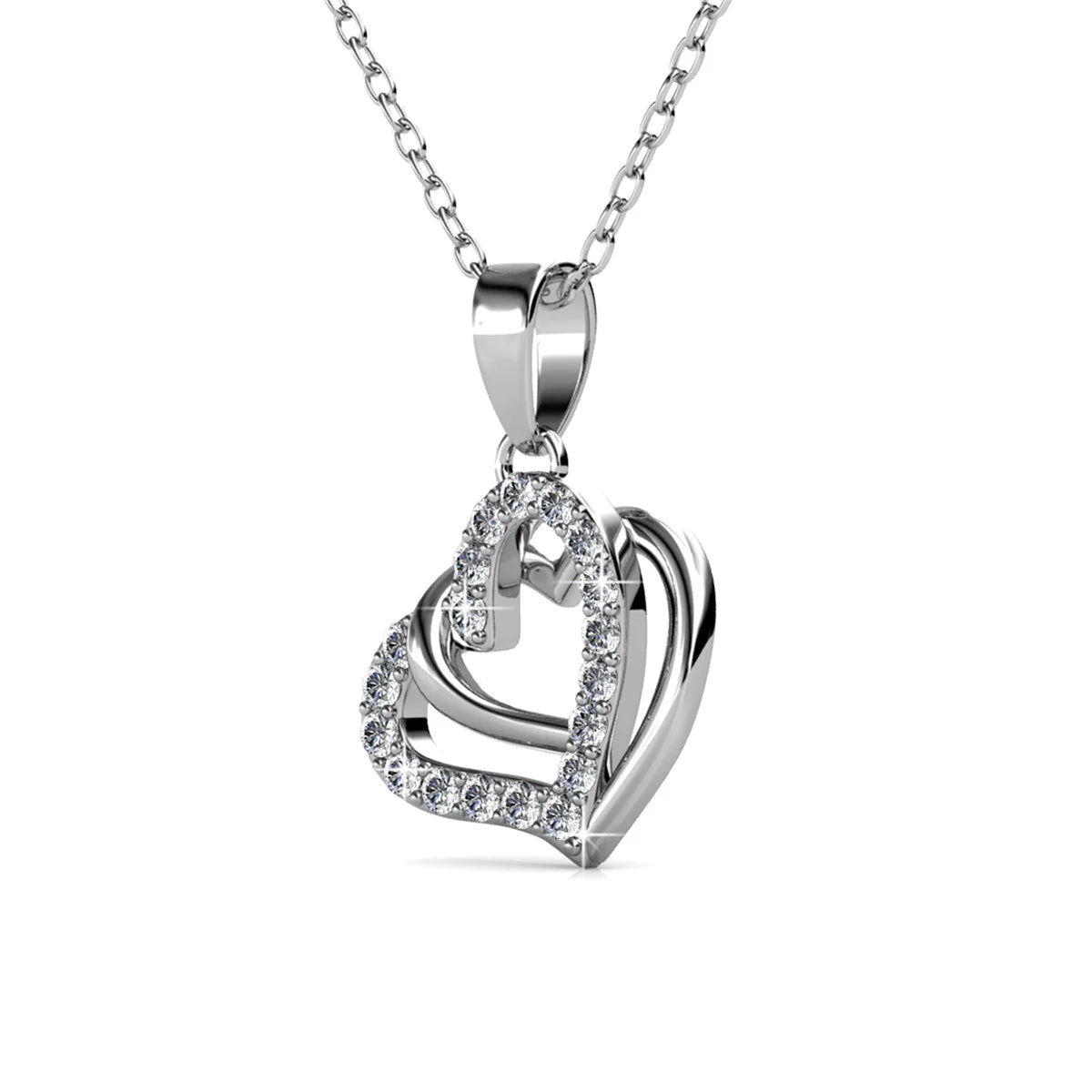 Angela 18k White Gold Plated Silver Double Heart Necklace with Swarovski Crystals - Image 7