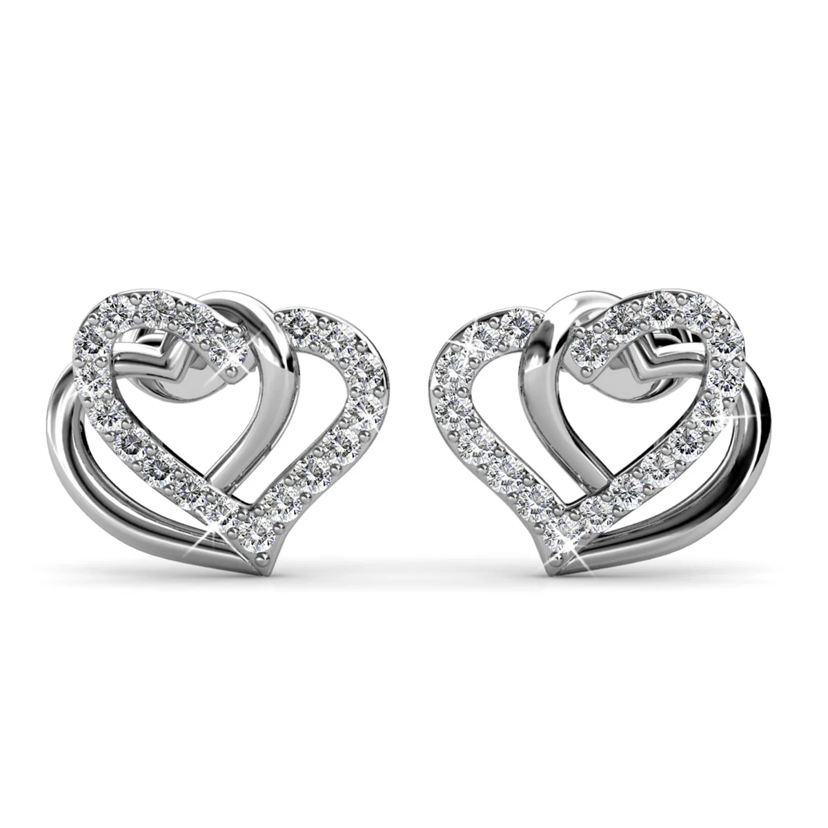 Angela 18k White Gold Plated Silver Double Heart Stud Earrings with Swarovski Crystals