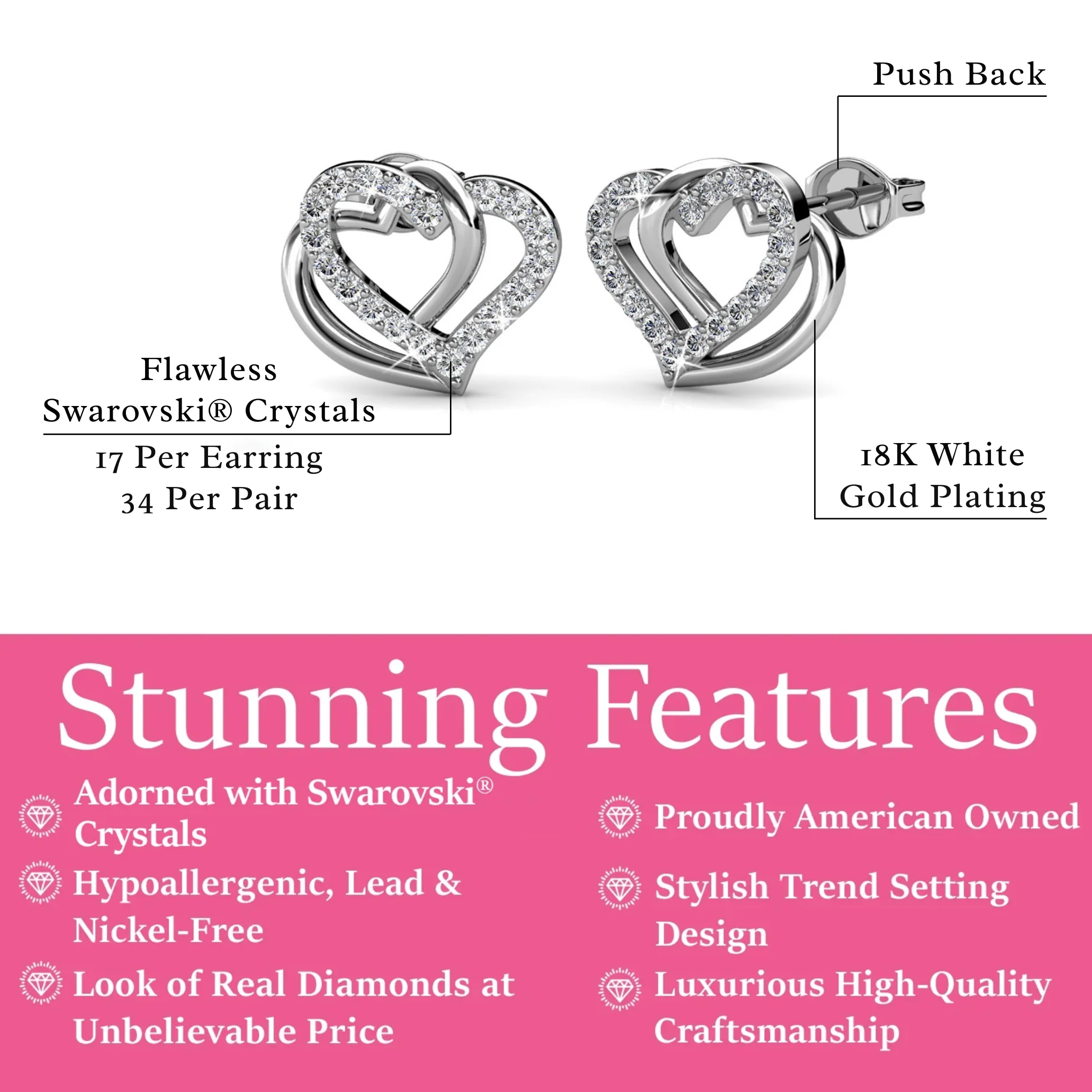 Angela 18k White Gold Plated Silver Double Heart Stud Earrings with Swarovski Crystals - Image 3