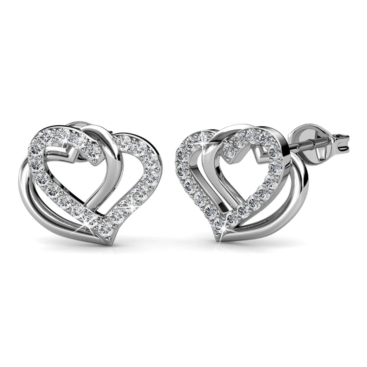 Angela 18k White Gold Plated Silver Double Heart Stud Earrings with Swarovski Crystals - Image 7