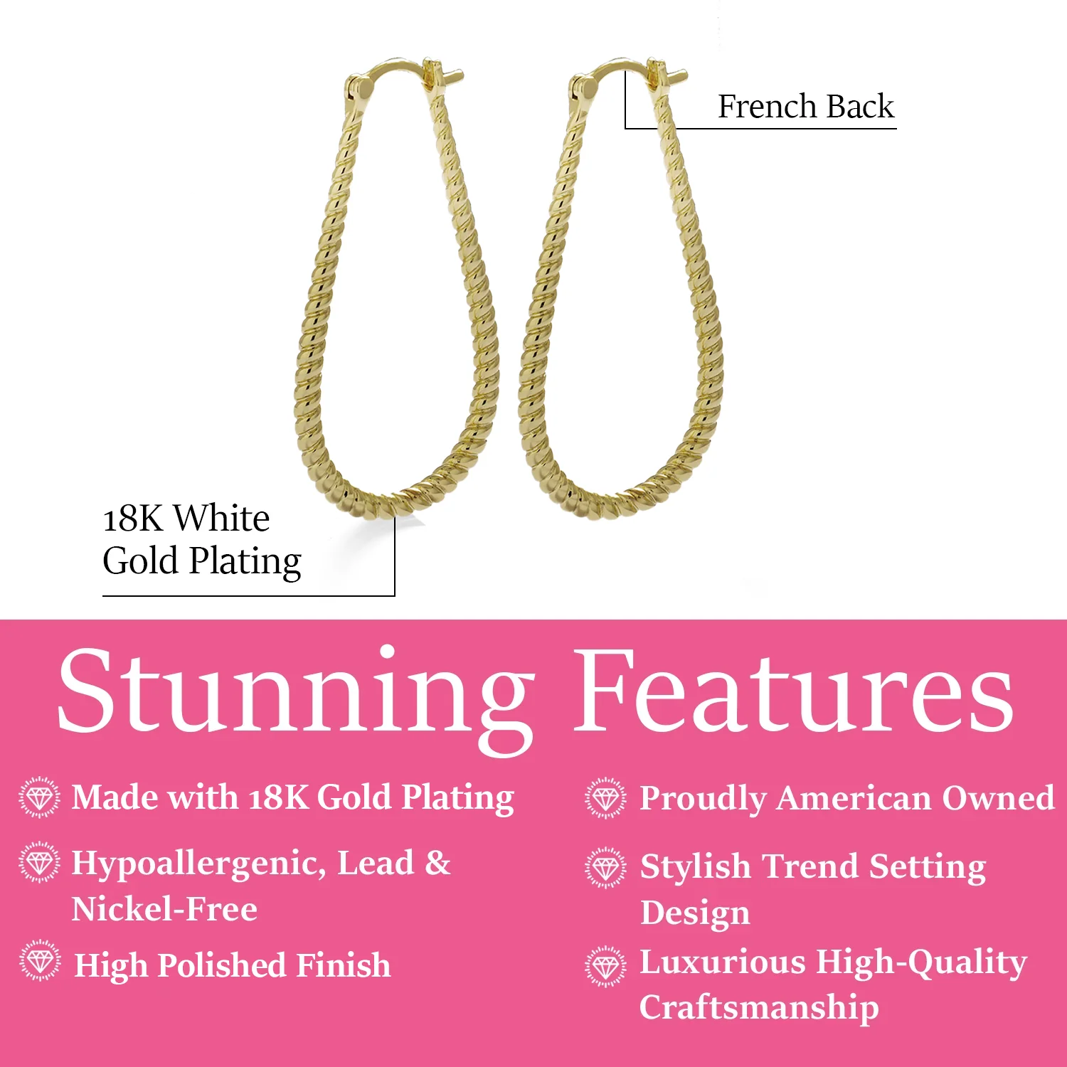 Angelica 18k White Gold Plated 45mm Twisted U-Shaped Hoop Earrings - Image 12