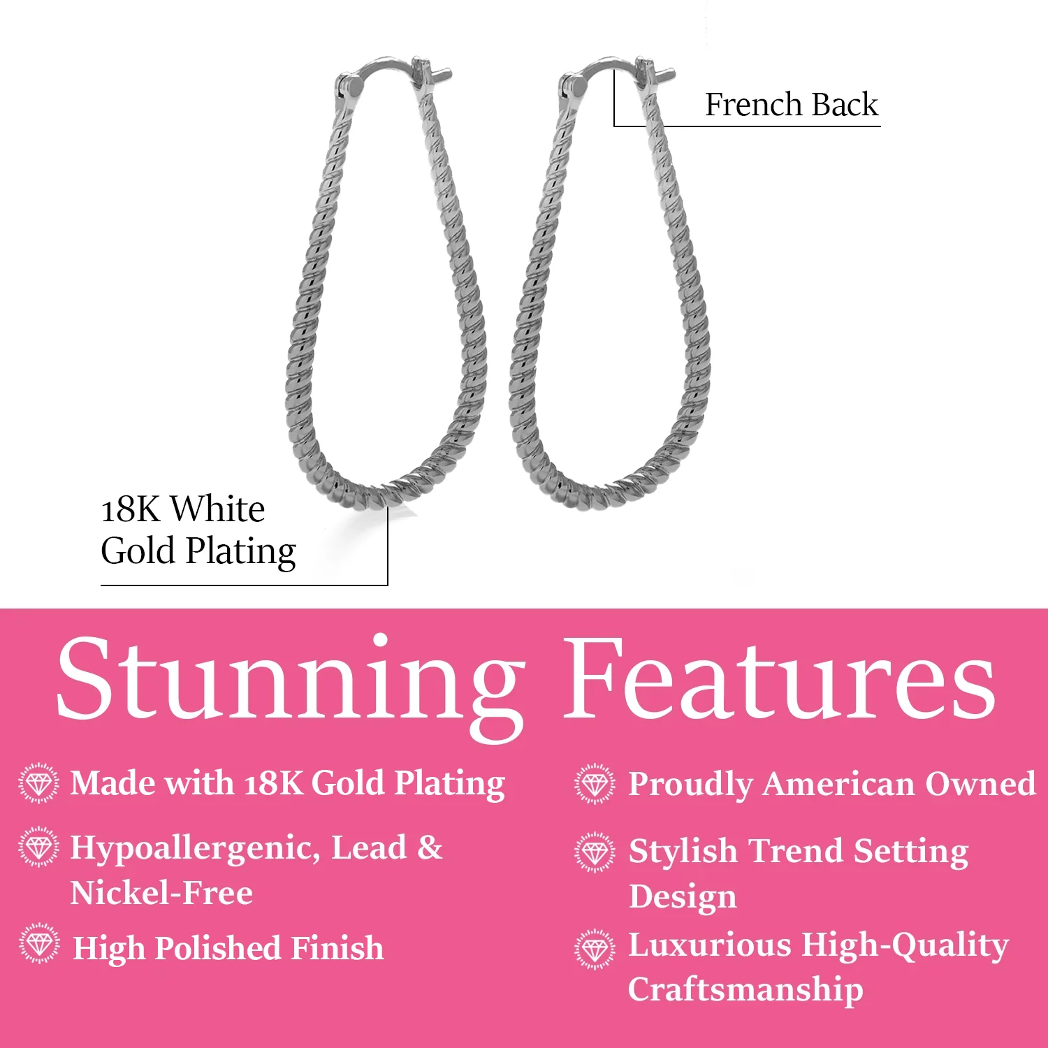 Angelica 18k White Gold Plated 45mm Twisted U-Shaped Hoop Earrings - Image 3