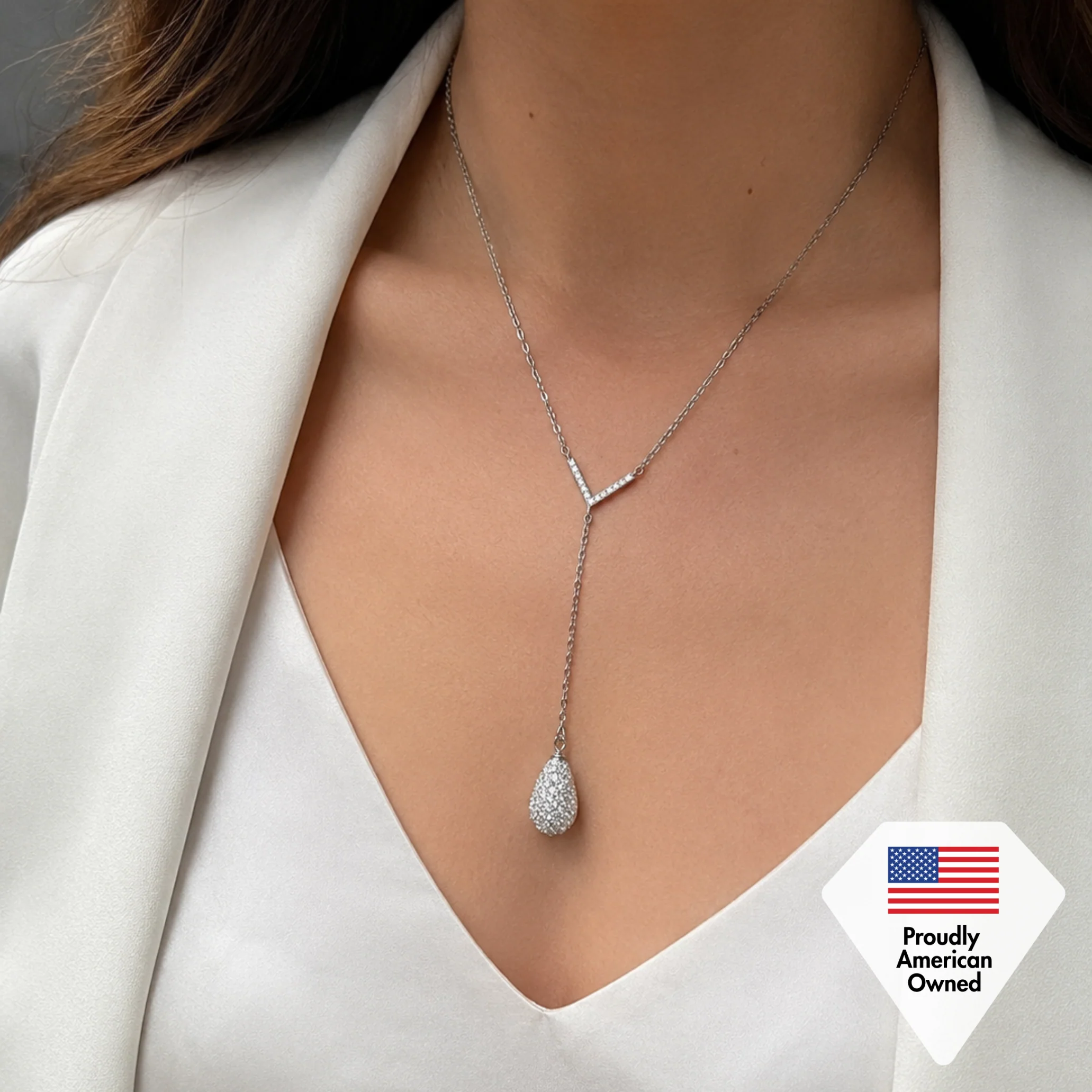 Ava 18k White Gold Plated Tear drop Y-Necklace with Simulated Diamond Crystals - Image 6