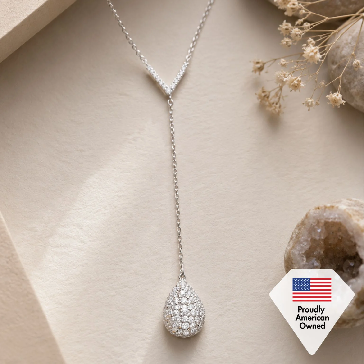 Ava 18k White Gold Plated Tear drop Y-Necklace with Simulated Diamond Crystals - Image 7