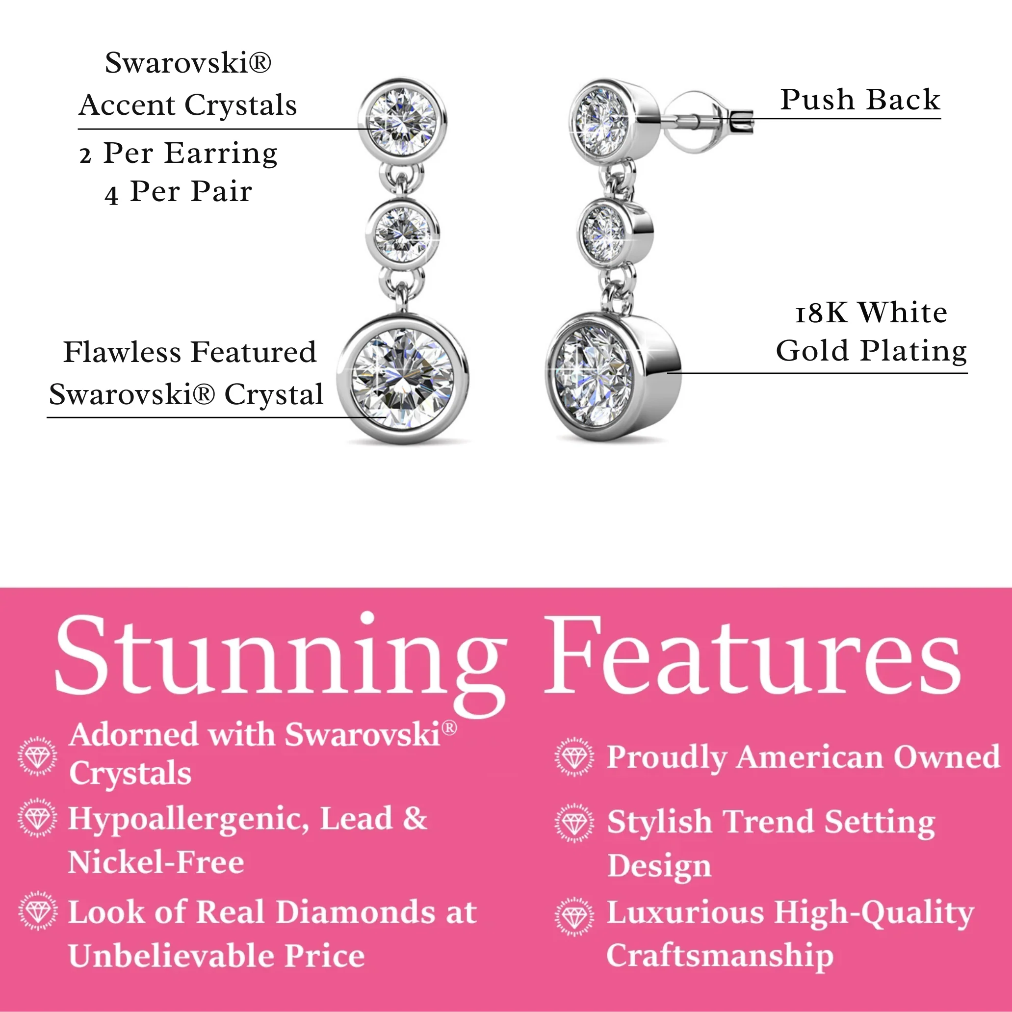 Bailey 18k White Gold Plated Dangle Stud Earrings with Swarovski Crystals — Final Sale - Image 3