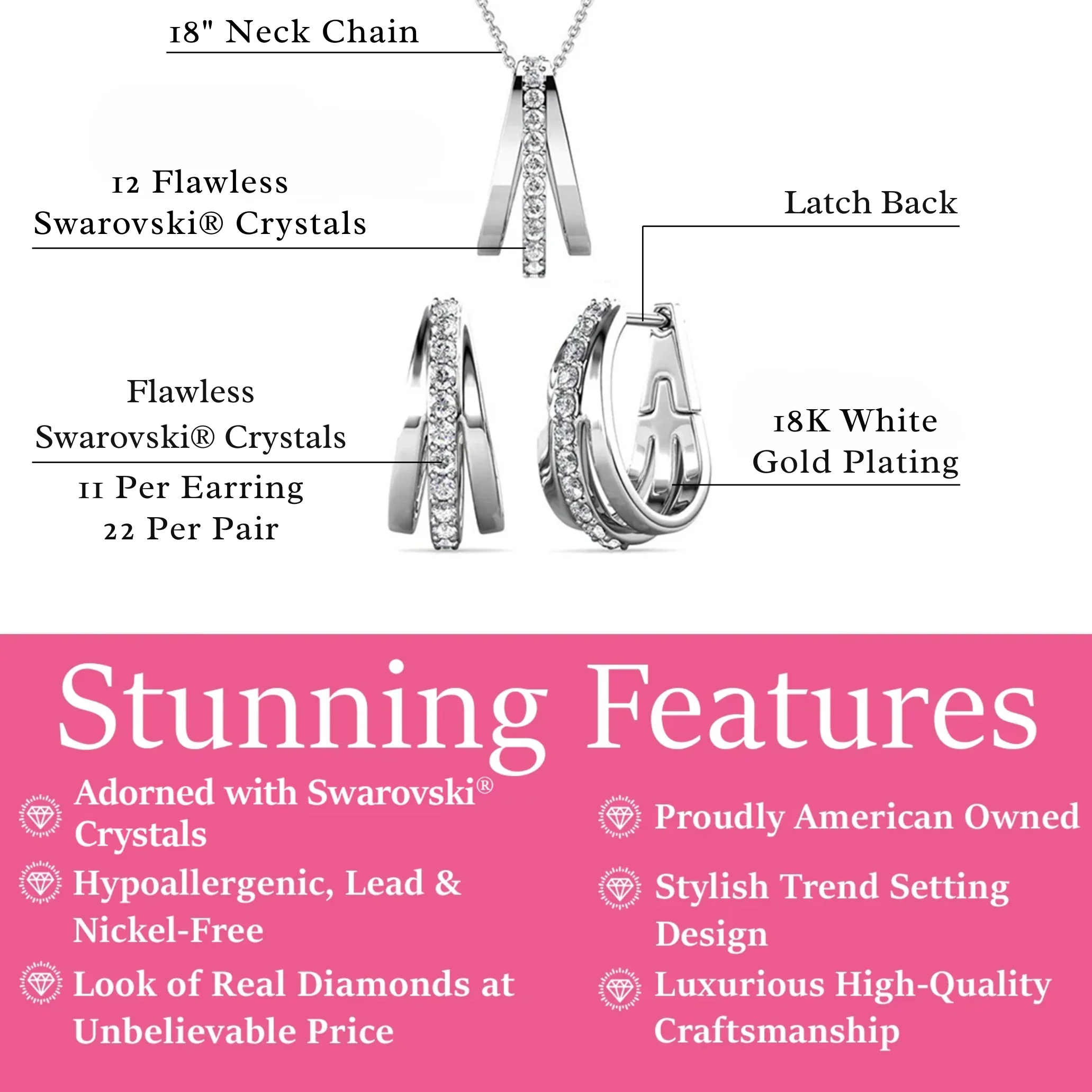 Bella 18k White Gold Necklace and Earrings Jewelry Set with Swarovski Crystals - Image 2
