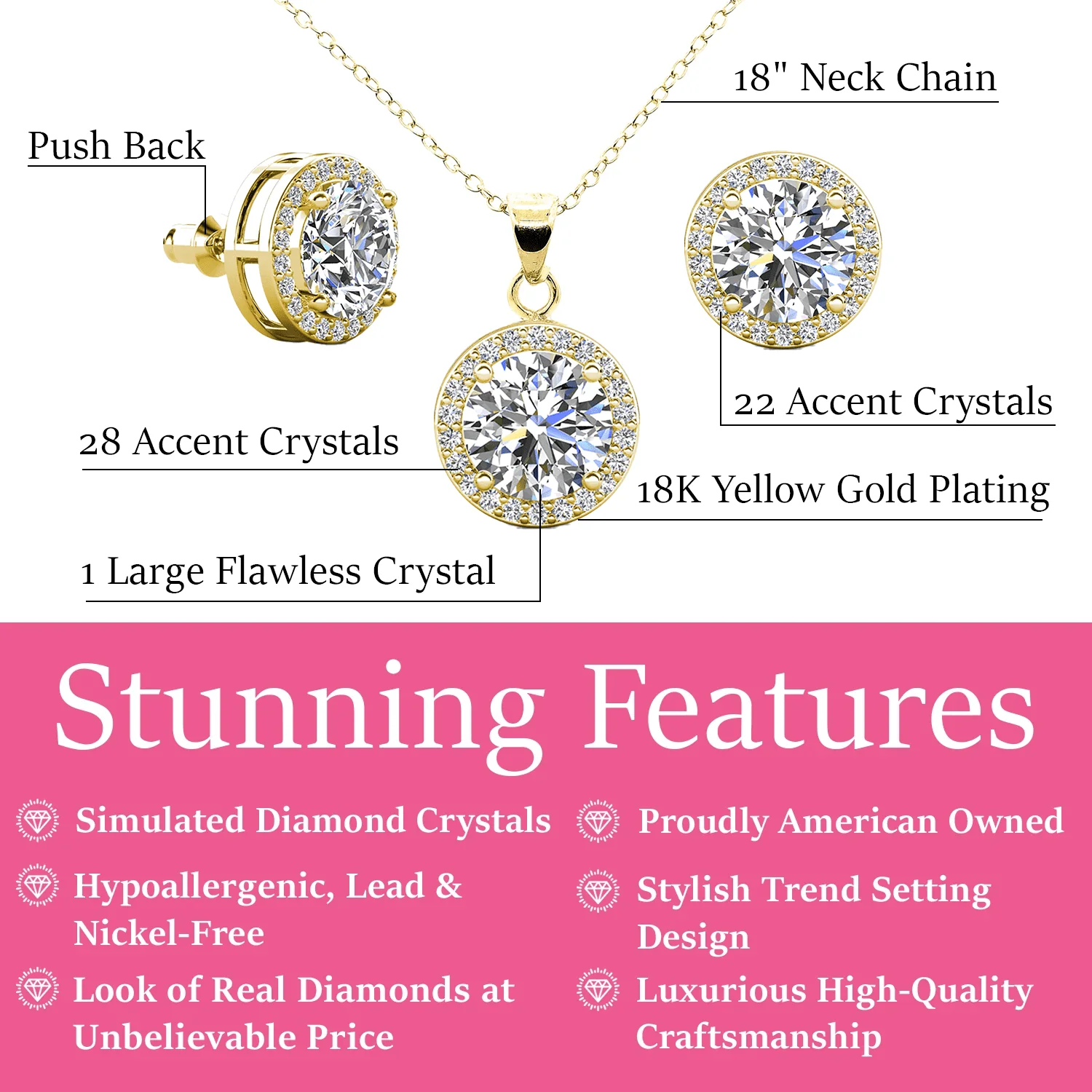 Blake 18k White Gold Plated Halo Stud Earrings and Necklace Jewelry Set with Simulated Diamond Crystals - Image 10
