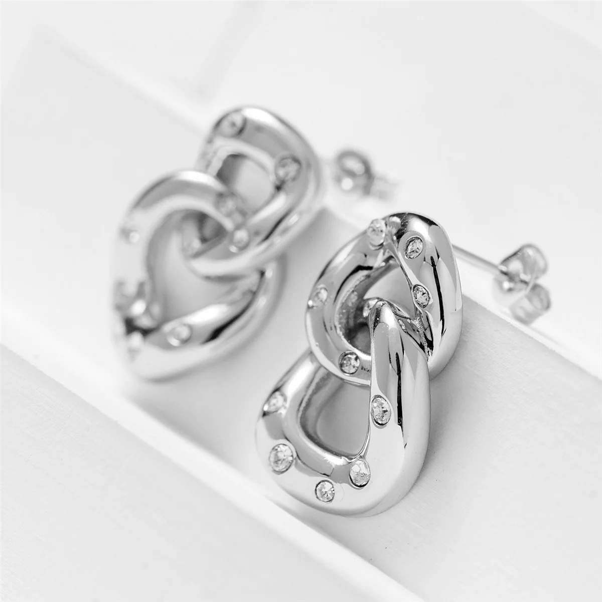 Bonnie 18k White Gold Double Link Chain Drop Earrings with Swarovski Crystals - Image 7
