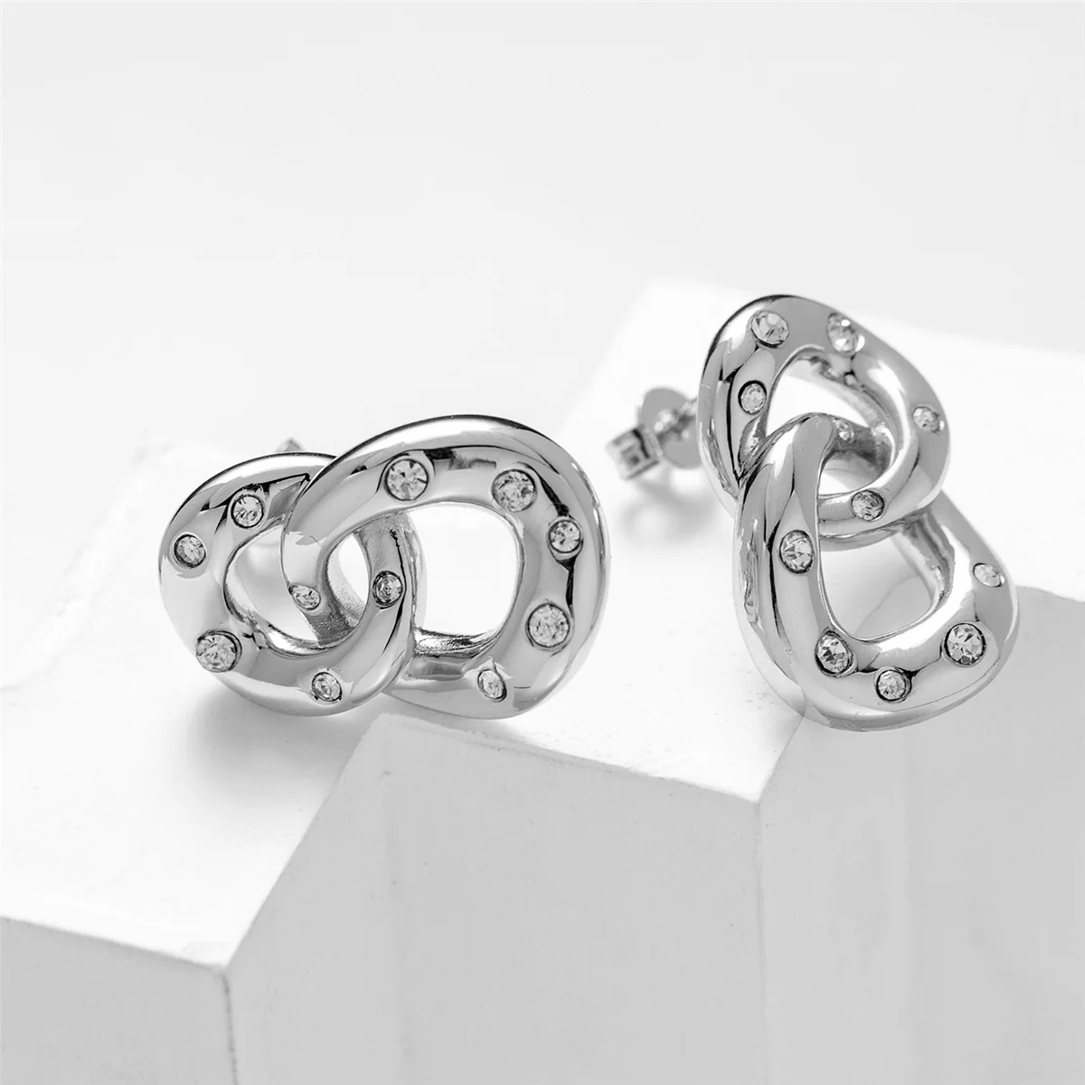 Bonnie 18k White Gold Double Link Chain Drop Earrings with Swarovski Crystals - Image 8