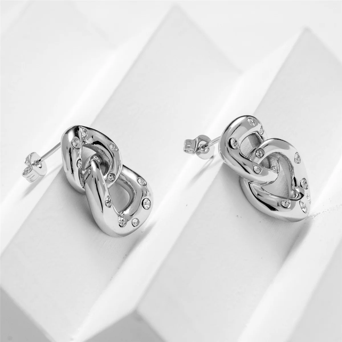 Bonnie 18k White Gold Double Link Chain Drop Earrings with Swarovski Crystals - Image 9