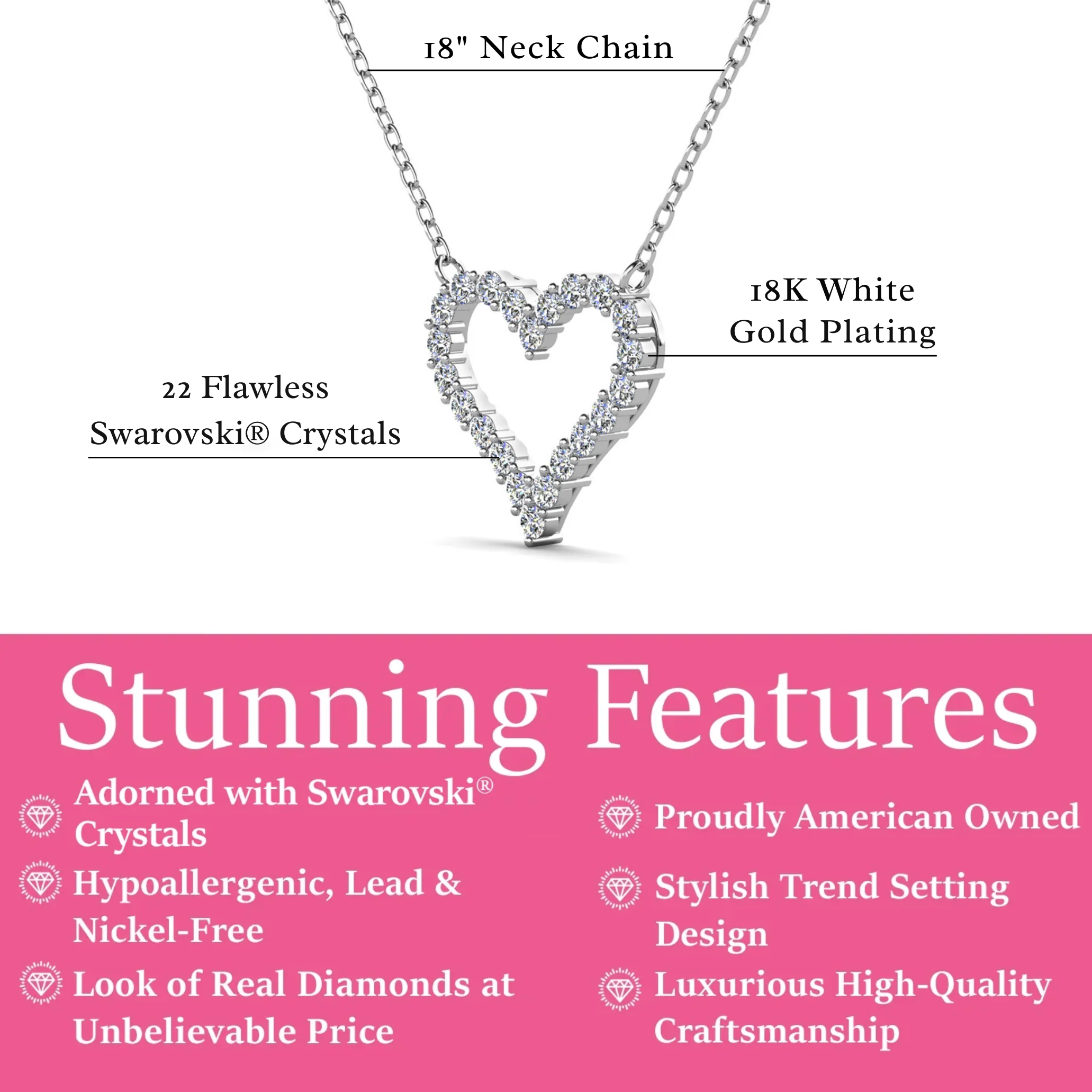 Bristol 18k White Gold Plated Heart Necklace with Swarovski Crystals - Image 3