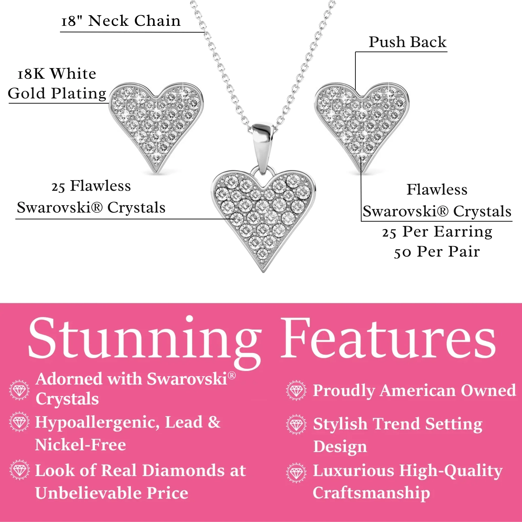 Cecilia 18k White Gold Heart Necklace and Stud Earrings Jewelry Set with Crystals - Image 3