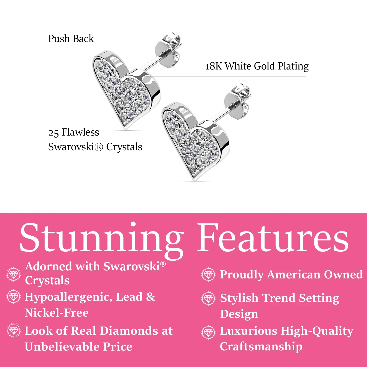 Cecilia 18k White Gold Plated Silver Heart Stud Earrings with Swarovski Crystals - Image 3