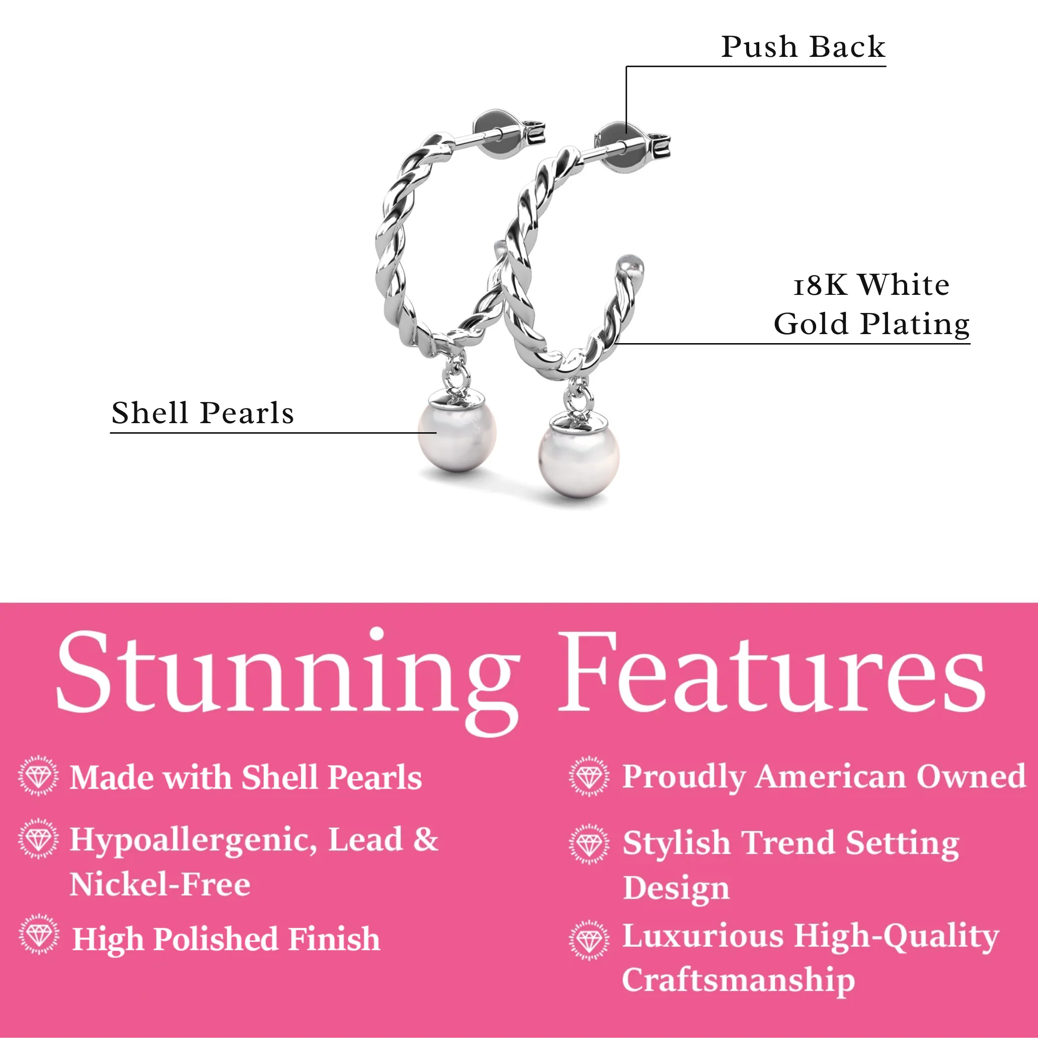 Cheyanne 18k White Gold Plated 16mm Twisted Half Hoop Drop Pearl Earrings - Image 3