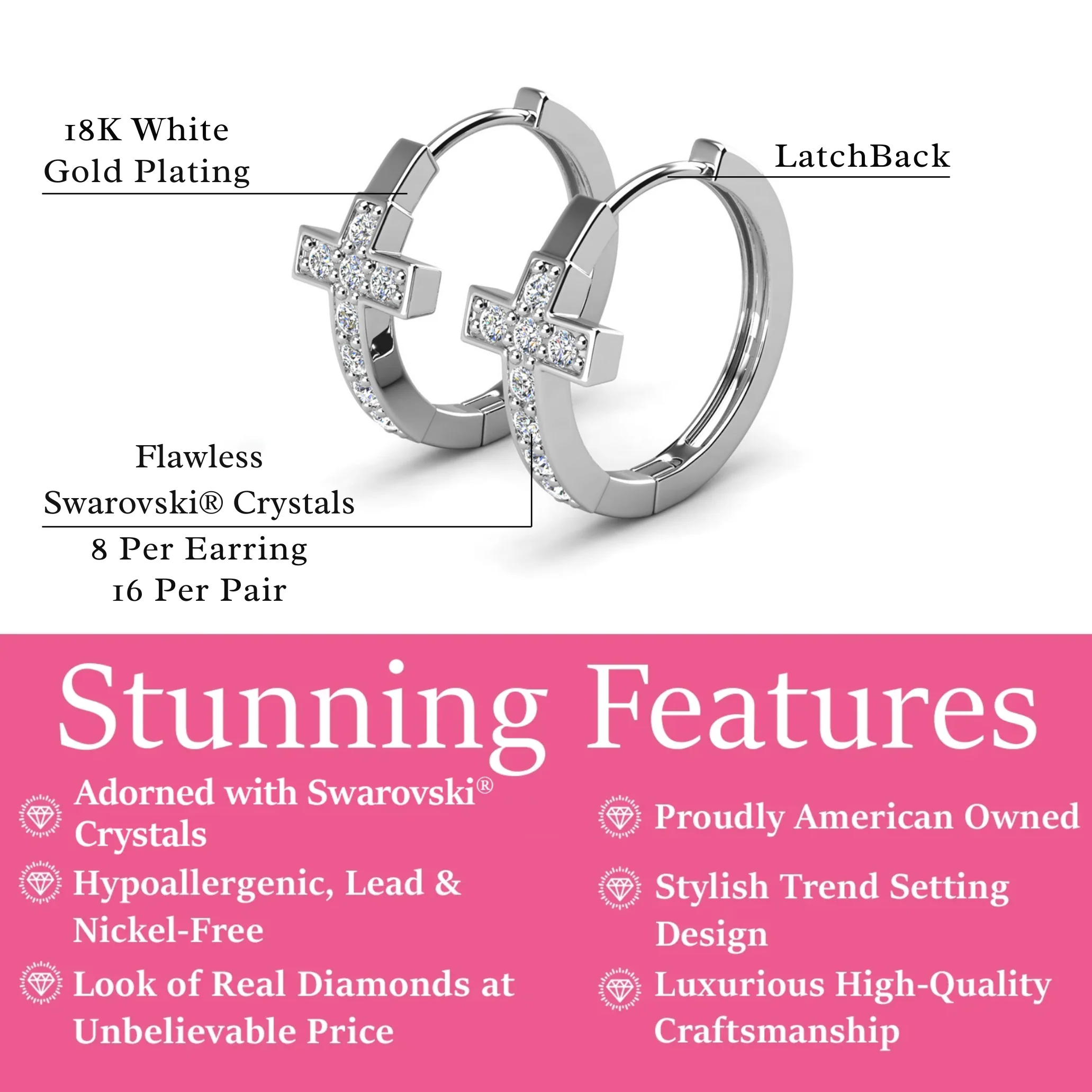 Danielle 18k White Gold Plated 18mm Hoop Cross Earrings with Swarovski Crystals - Image 3