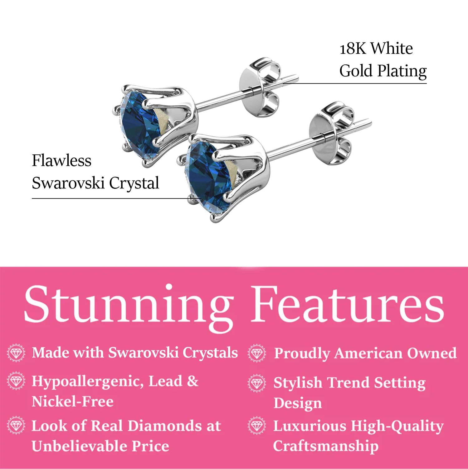 December Birthstone Blue Topaz Earrings 18k White Gold Plated Stud Earrings with 1CT Swarovski Crystal - Image 2