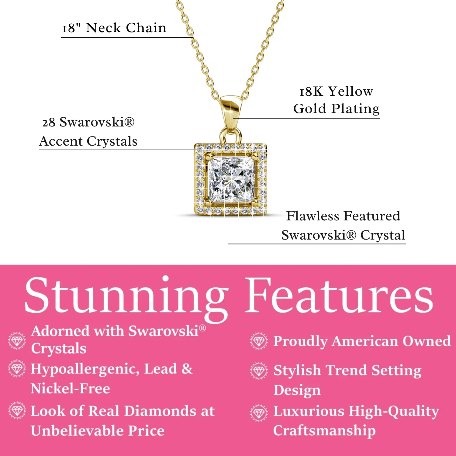 Ekatrina 18k White Gold Plated Halo Pendant Necklace with Sparkling Square Cut Swarovski Crystal - Image 11