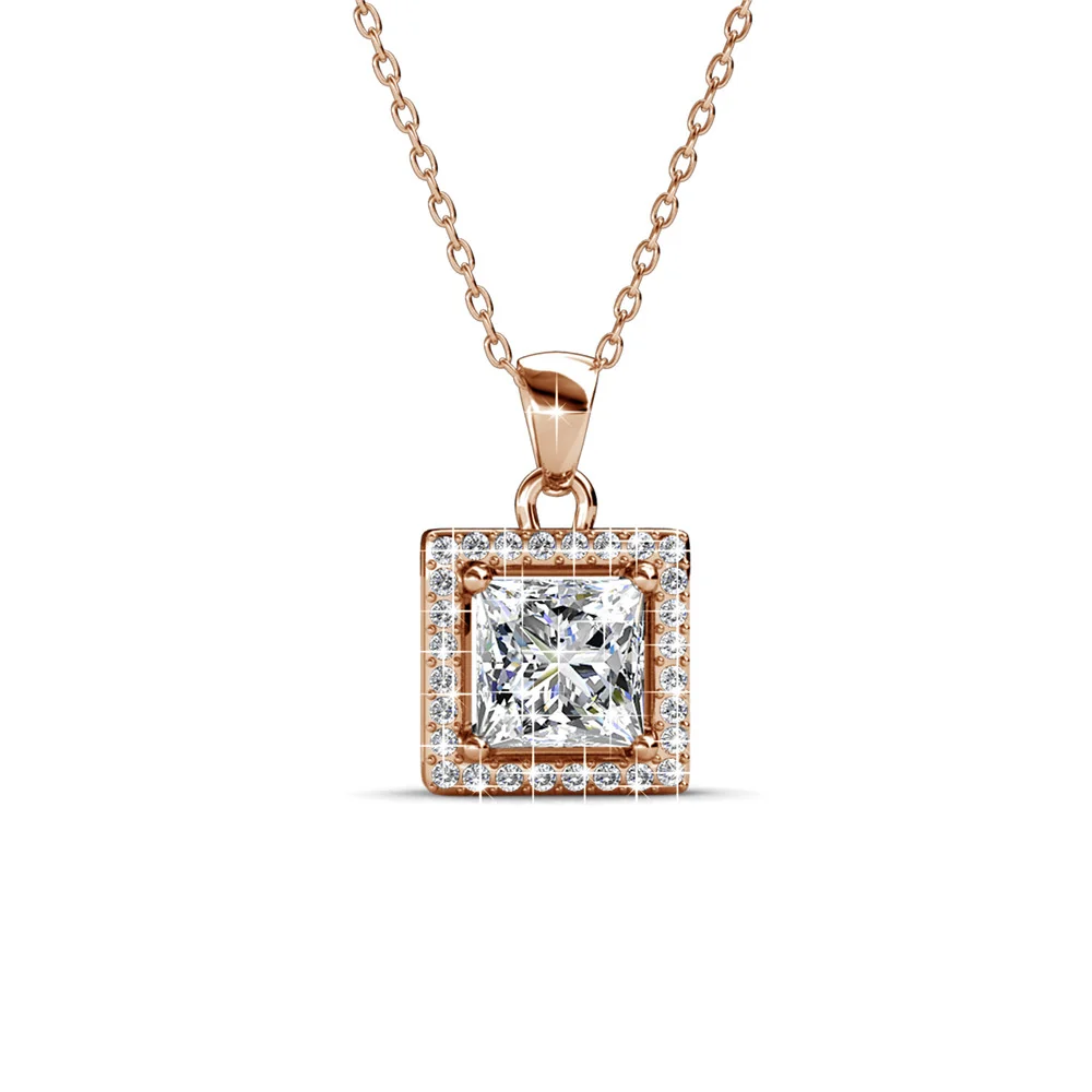 Ekatrina 18k White Gold Plated Halo Pendant Necklace with Sparkling Square Cut Swarovski Crystal - Image 14