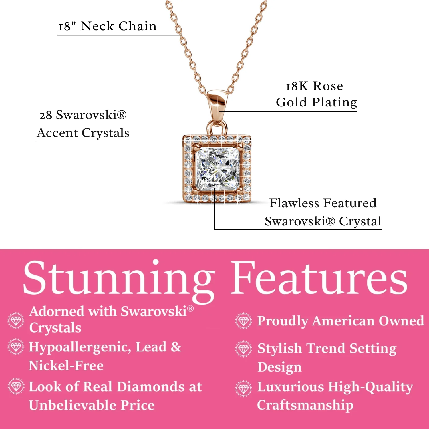Ekatrina 18k White Gold Plated Halo Pendant Necklace with Sparkling Square Cut Swarovski Crystal - Image 15
