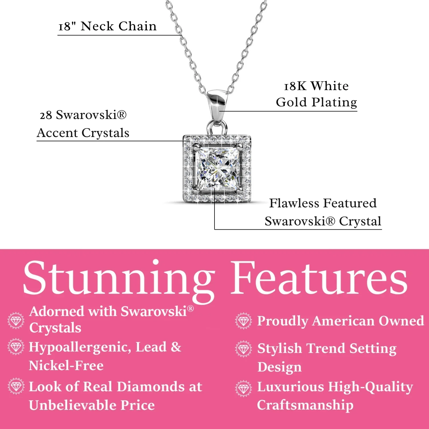 Ekatrina 18k White Gold Plated Halo Pendant Necklace with Sparkling Square Cut Swarovski Crystal - Image 3