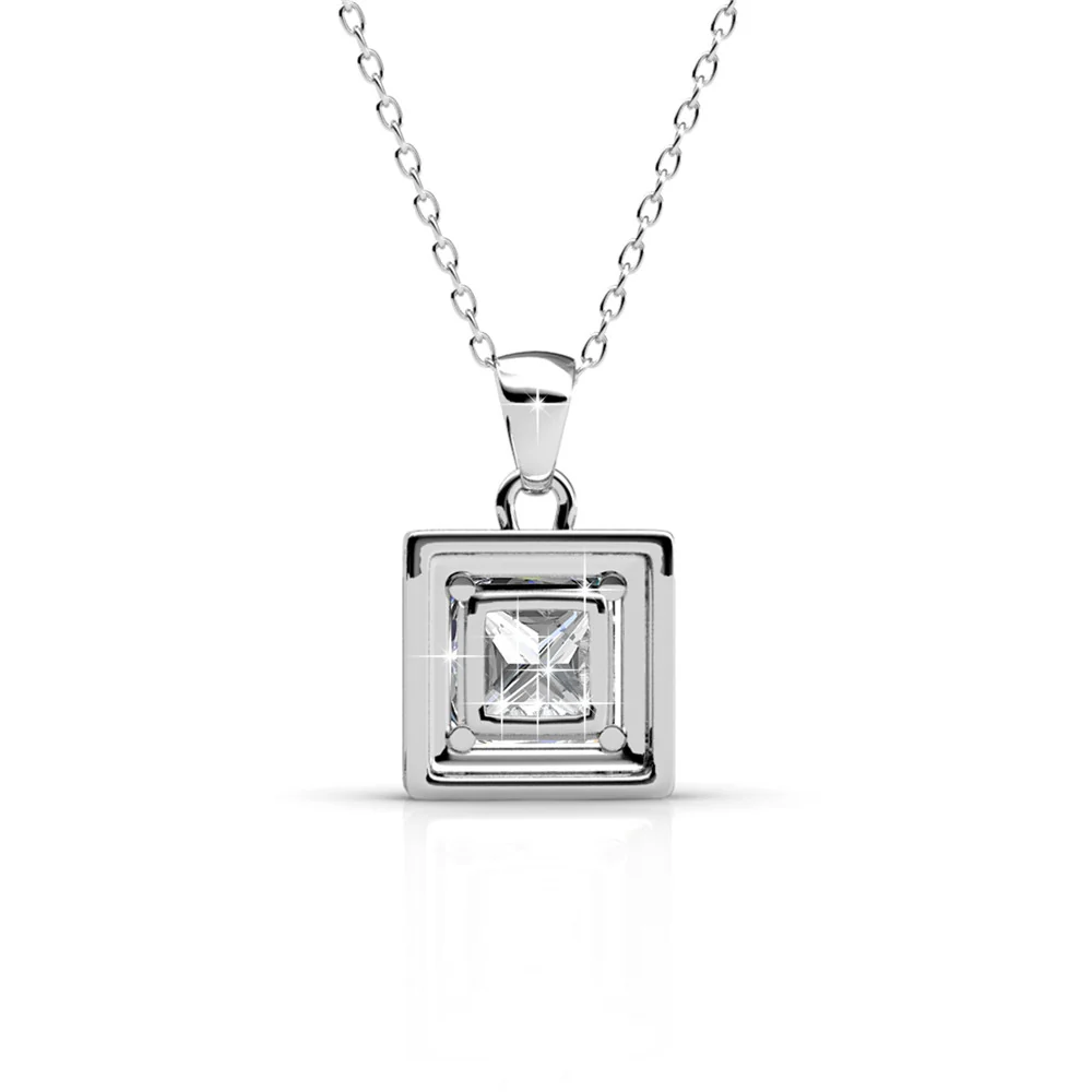 Ekatrina 18k White Gold Plated Halo Pendant Necklace with Sparkling Square Cut Swarovski Crystal - Image 9