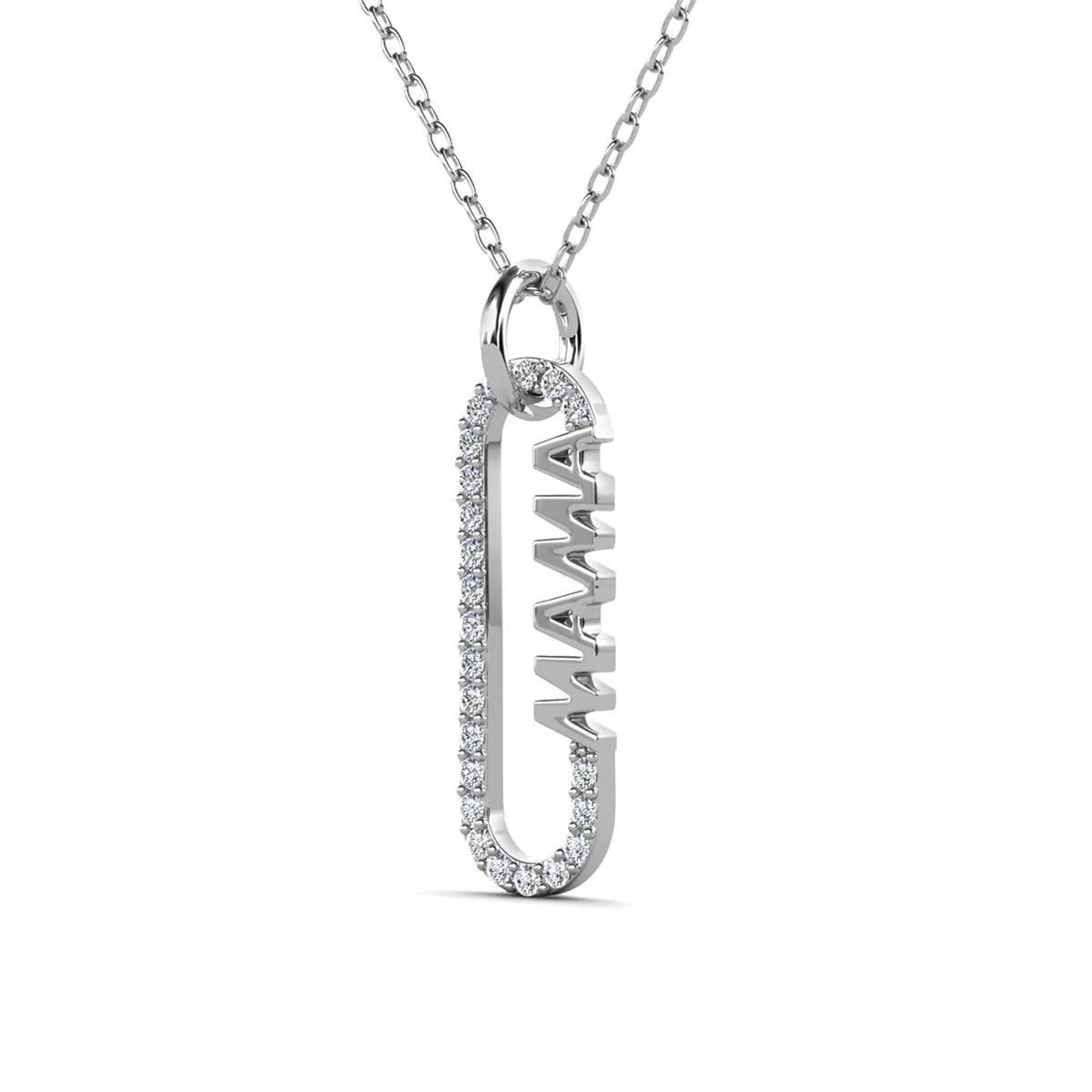 Elaine 18k White Gold Plated Mama Pendant Necklace with Simulated Diamond Crystals