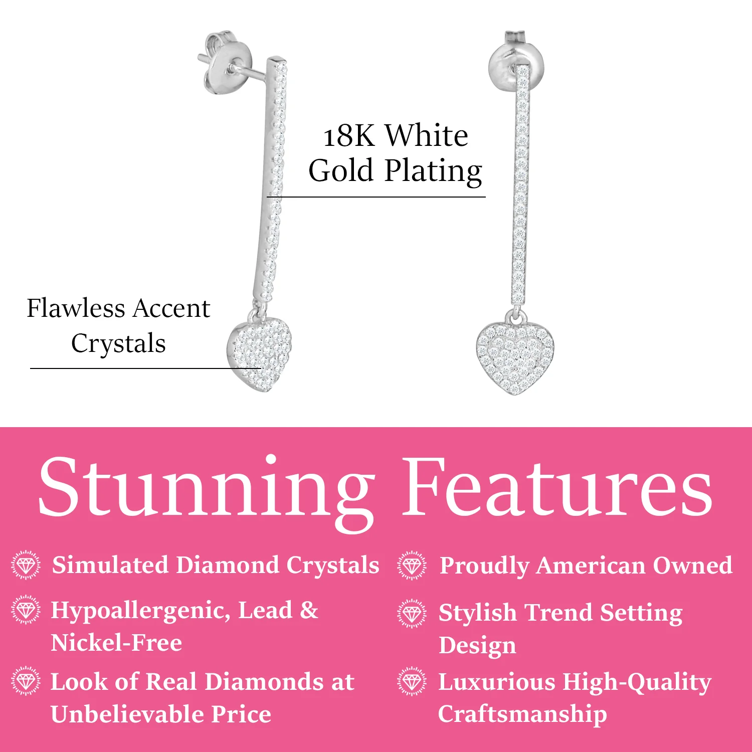 Ella 18k White Gold Plated Heart Drop Earrings with Simulated Diamond Crystals — Final Sale - Image 3