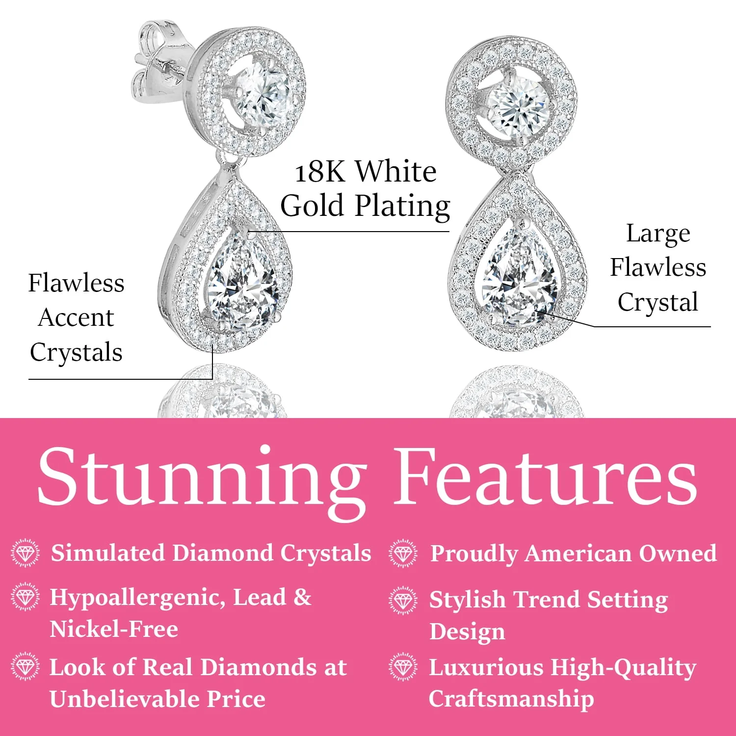 Elora 18k White Gold Plated Silver Tear Drop Stud Earrings with Simulated Diamond Crystals - Final Sale - Image 3