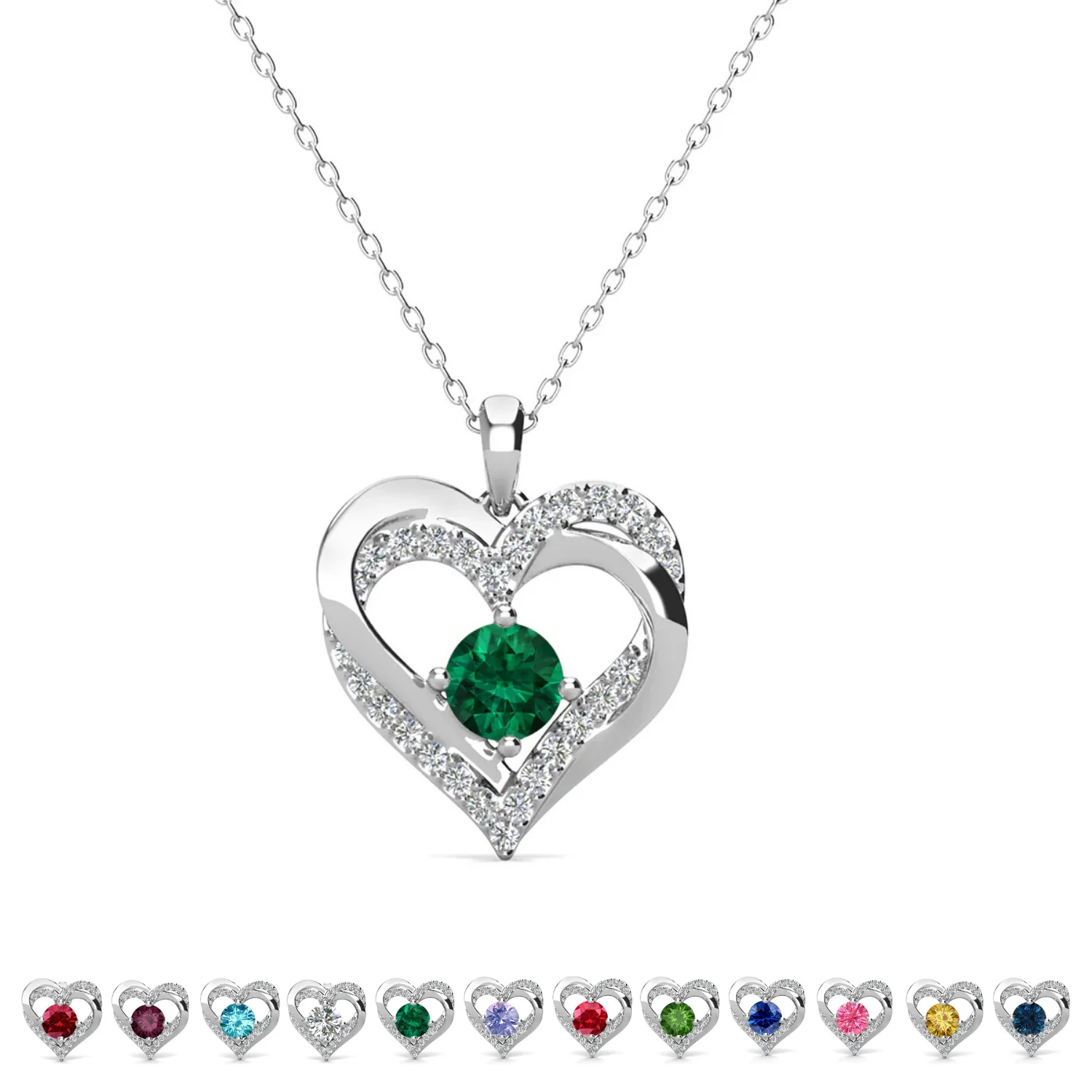 Forever Birthstone 18k White Gold Plated Double Heart Necklace with Swarovski Crystals - Image 18