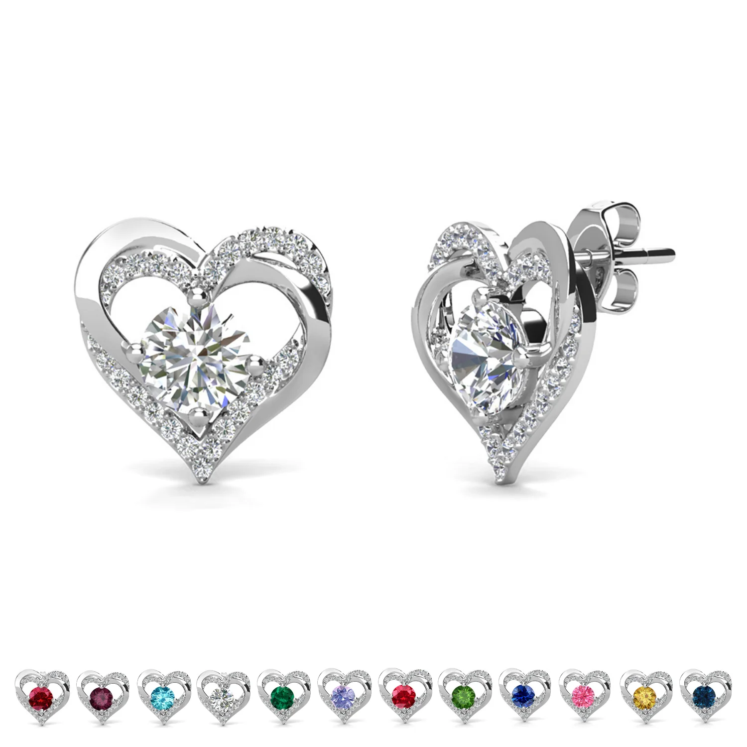 Forever Birthstone 18k White Gold Plated Double Heart Stud Earrings with Swarovski Crystals - Image 14