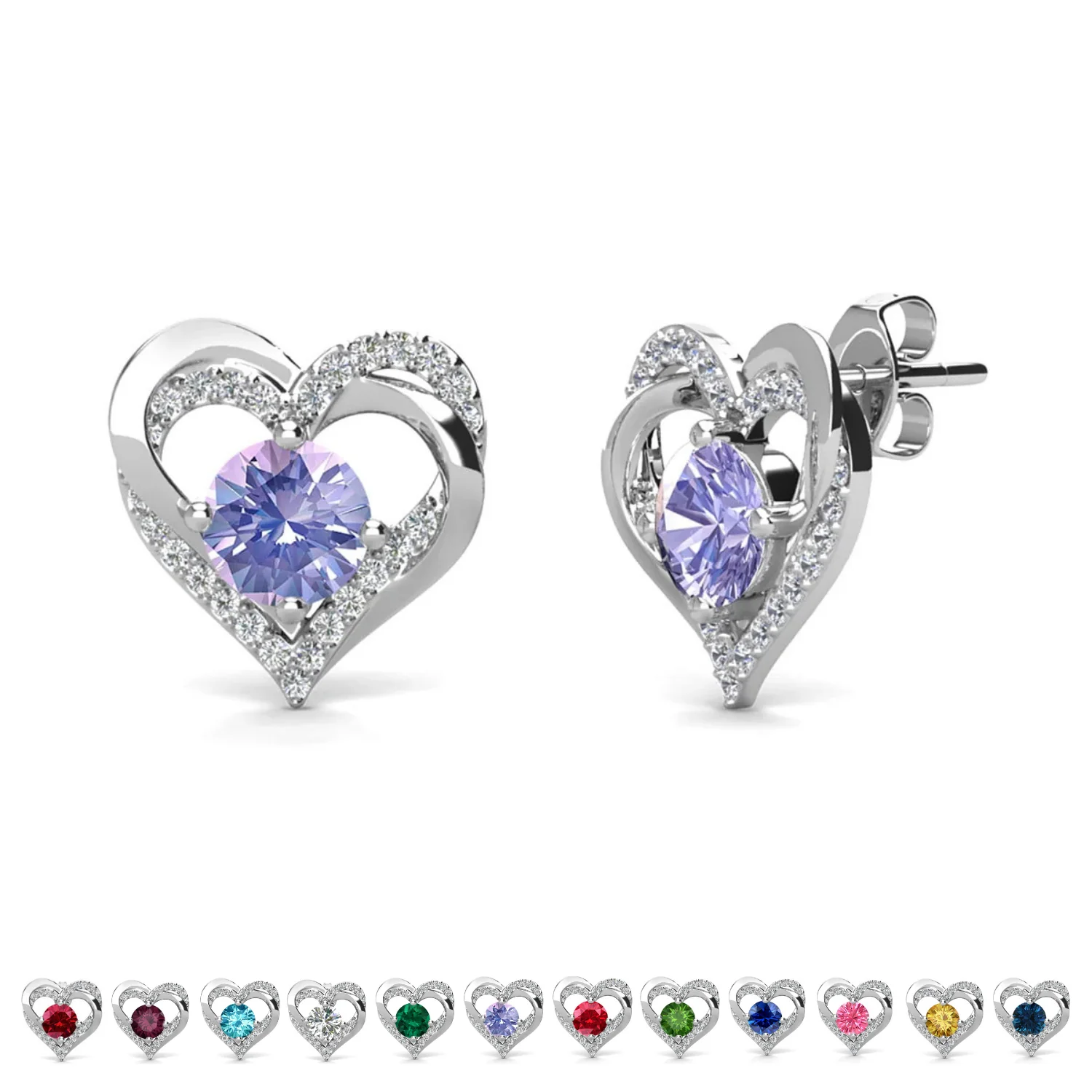 Forever Birthstone 18k White Gold Plated Double Heart Stud Earrings with Swarovski Crystals - Image 20