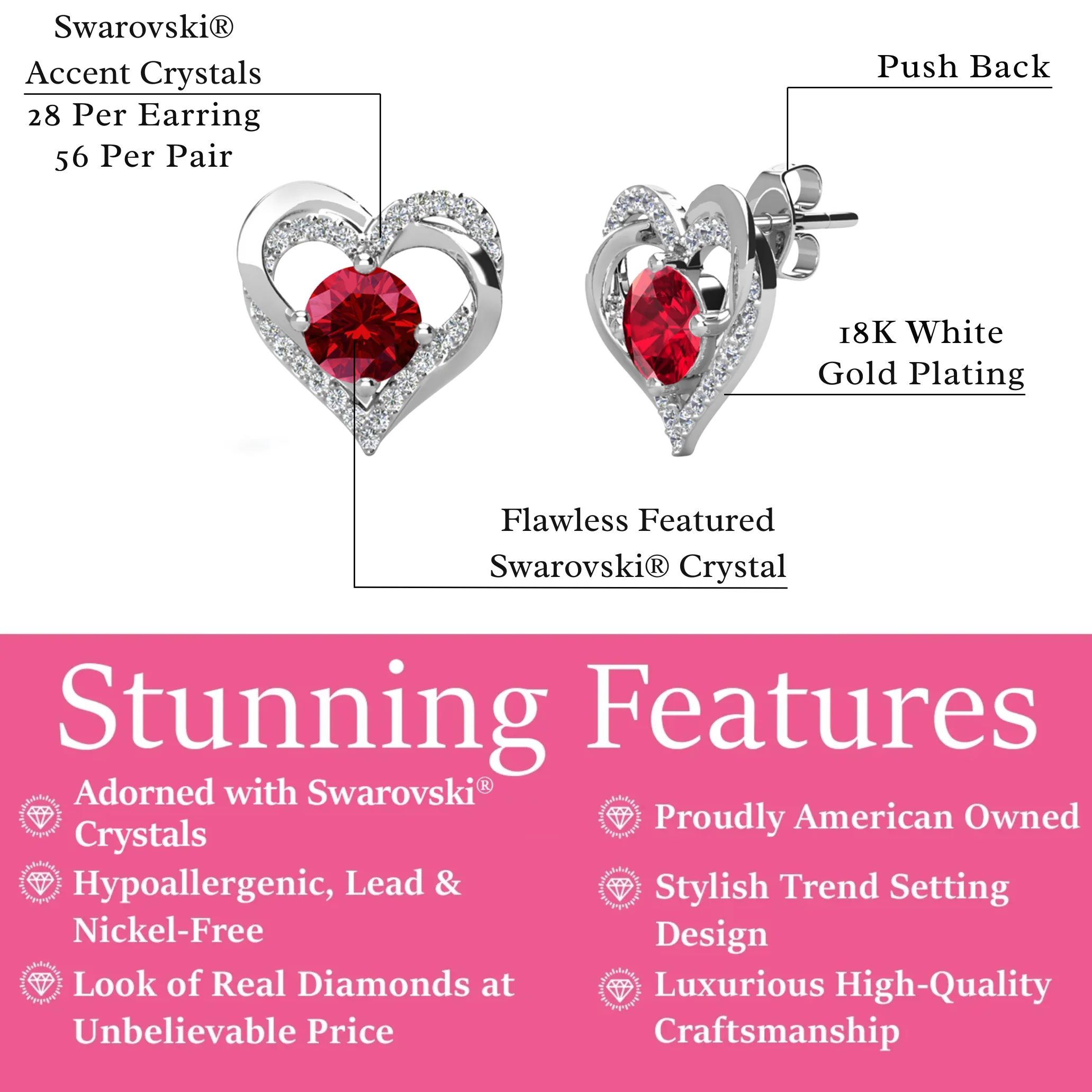 Forever Birthstone 18k White Gold Plated Double Heart Stud Earrings with Swarovski Crystals - Image 3
