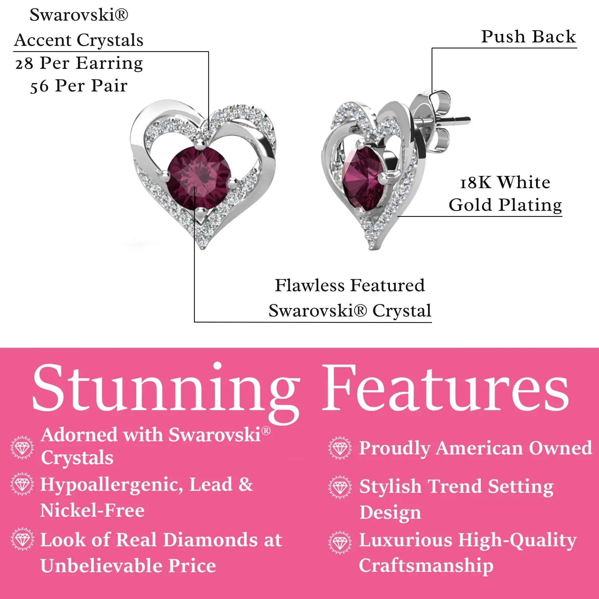Forever Birthstone 18k White Gold Plated Double Heart Stud Earrings with Swarovski Crystals - Image 9