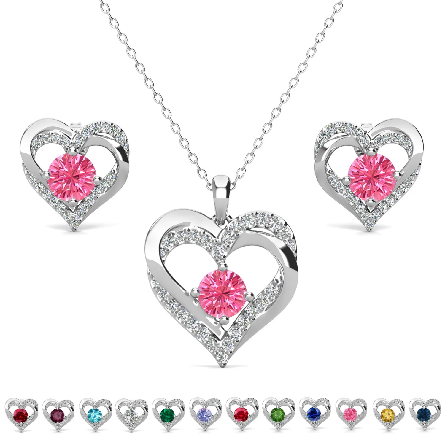 Forever Birthstone 18k White Gold Plated Silver Double Heart Earrings and Necklace Set with Swarovski Crystals - Image 23