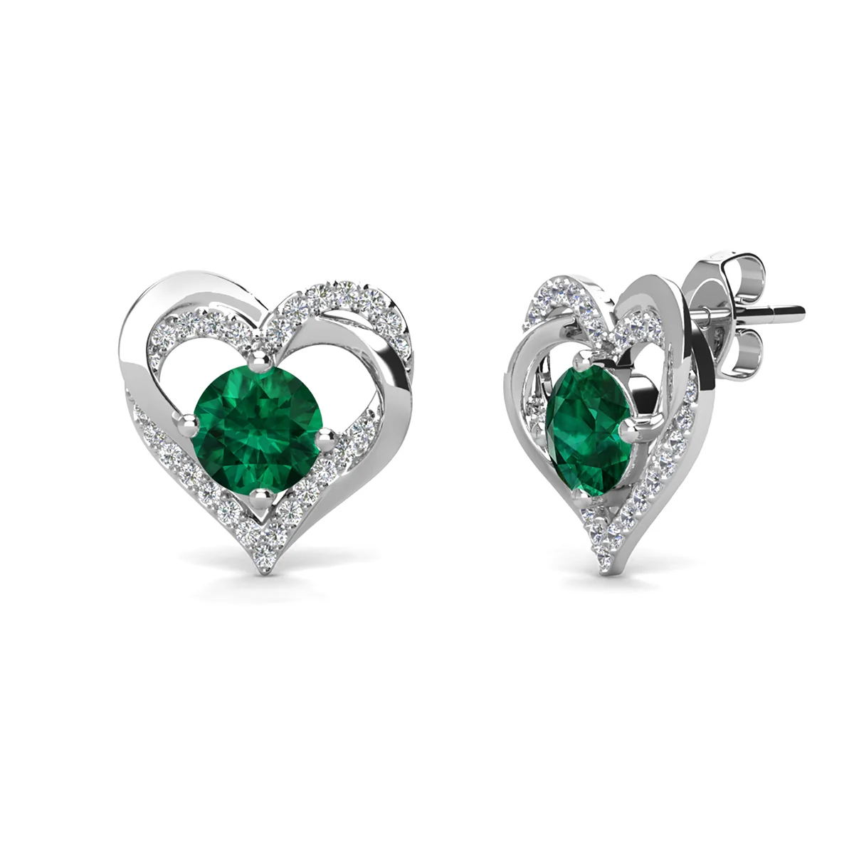 Forever May Birthstone Diamond 18k White Gold Plated Silver Double Heart Earrings with Swarovski Crystals - Image 5