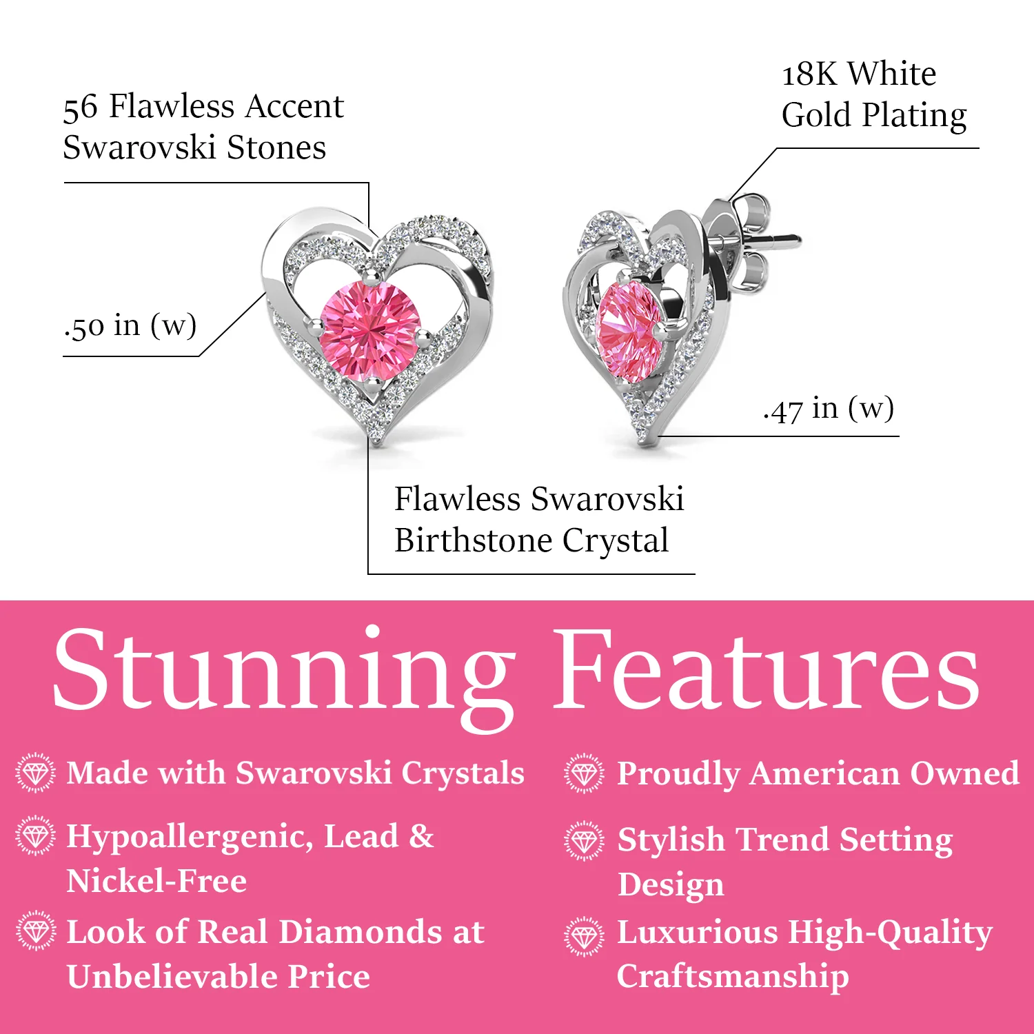 Forever October Birthstone Diamond 18k White Gold Plated Silver Double Heart Earrings with Swarovski Crystals - Image 2