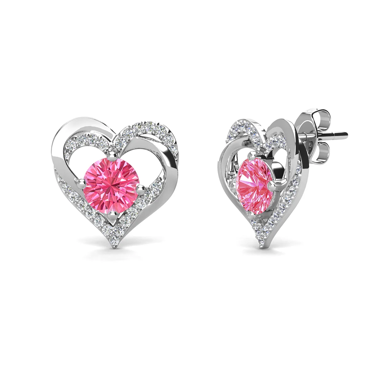 Forever October Birthstone Diamond 18k White Gold Plated Silver Double Heart Earrings with Swarovski Crystals - Image 4