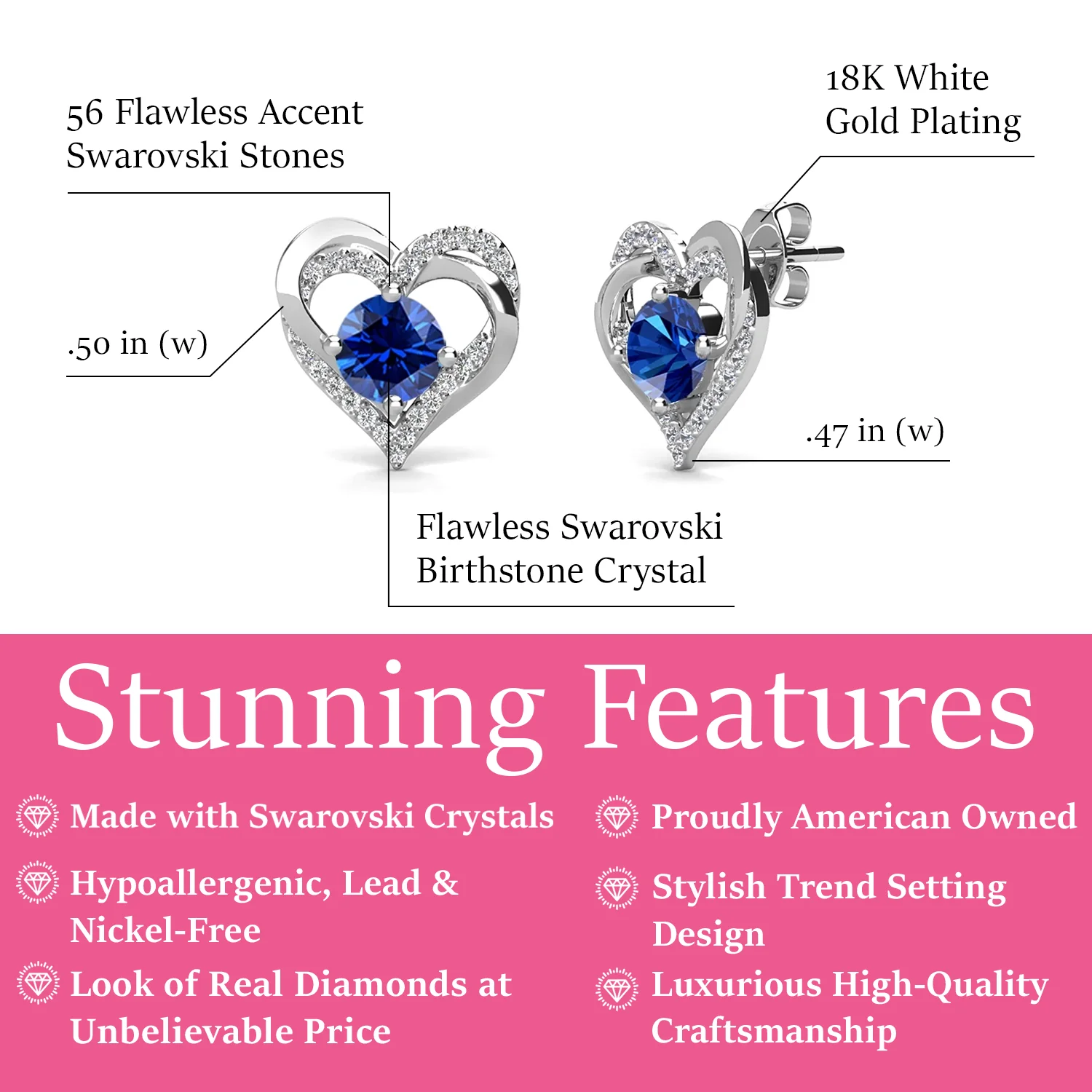 Forever September Birthstone Diamond 18k White Gold Plated Silver Double Heart Earrings with Swarovski Crystals - Image 2