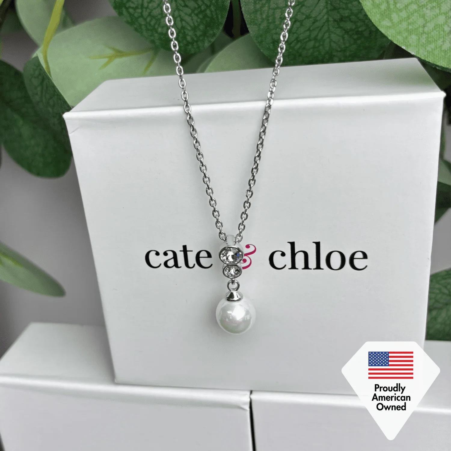 Genevieve 18k White Gold Plated Pearl Pendant Necklace with Swarovski Crystals - Image 7