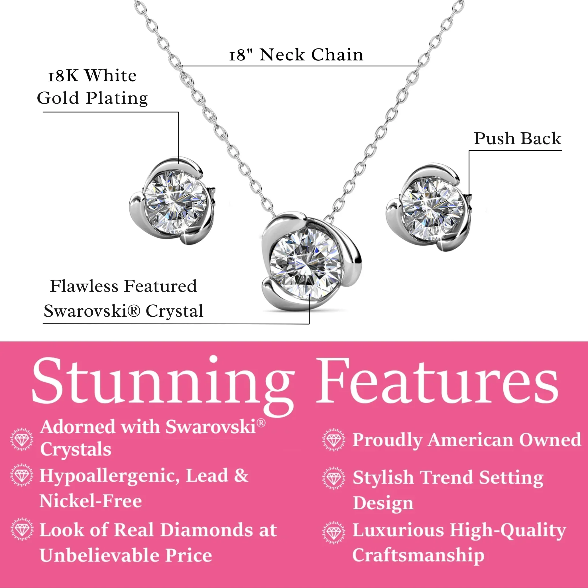 Harmony 18k White Gold Necklace and Stud Earrings Jewelry Set with Swarovski Crystals - Image 3