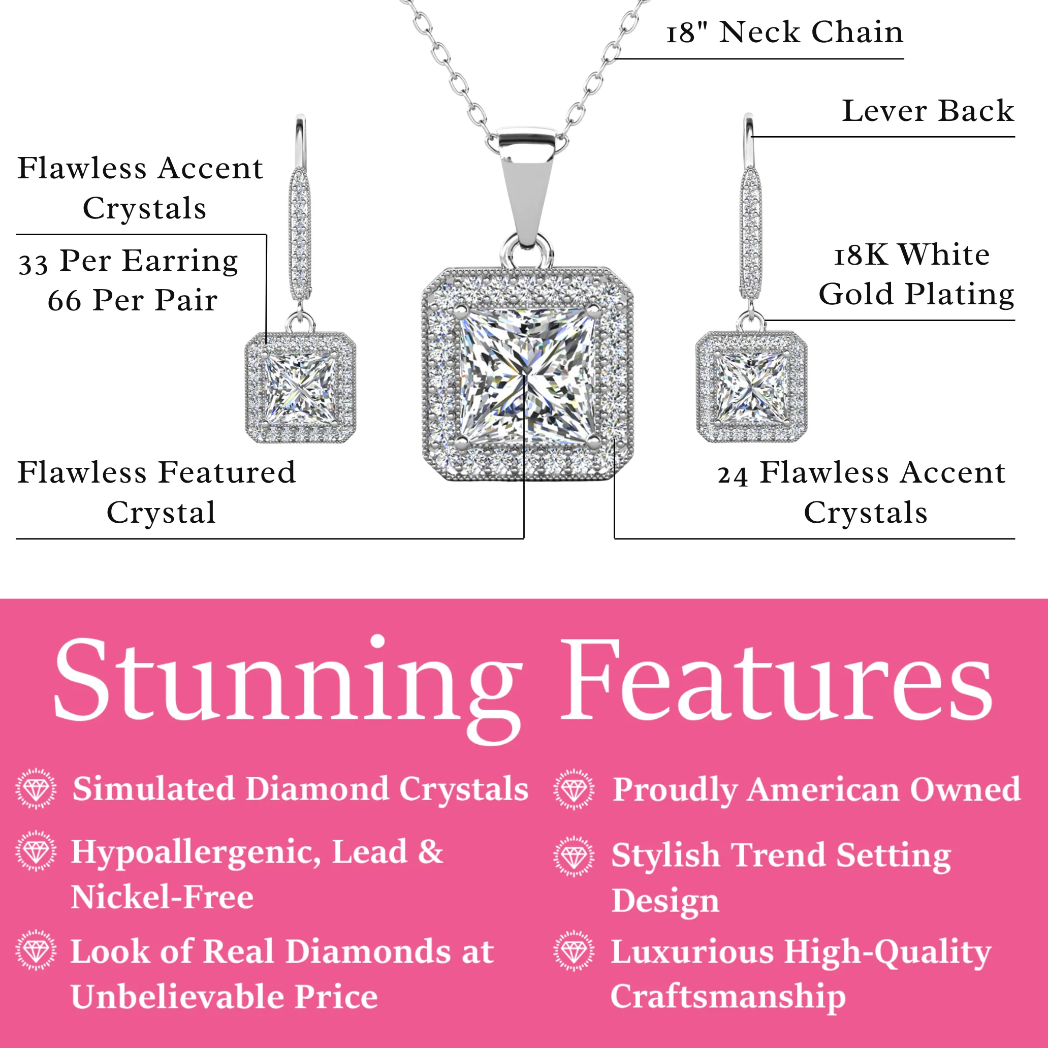 Ivy 18k White Gold Plated Dangle Earring and Necklace Jewelry Set with Simulated Diamond Crystals - Image 3
