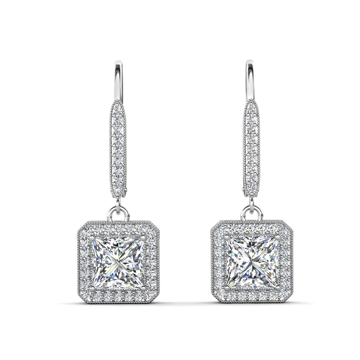 Ivy 18k White Gold Plated Halo Dangle Earrings with Princess Cut Simulated Diamond Crystals - Image 8