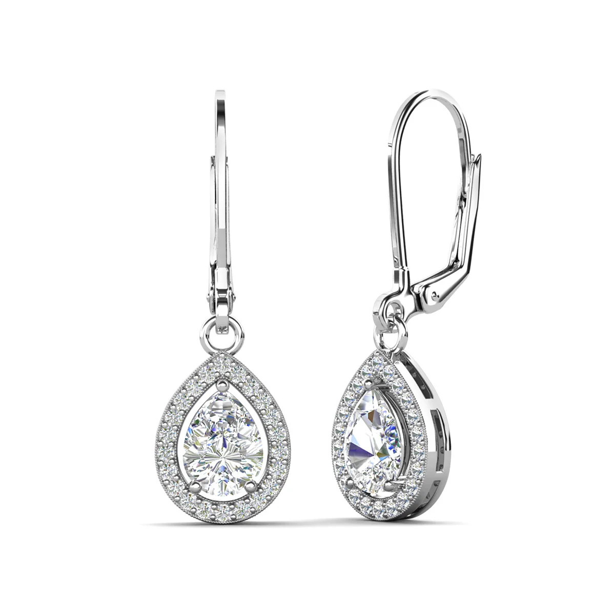 Izzy 18k White Gold Plated Halo Tear drop Dangle Earrings with Simulated Diamond Crystals - Image 7