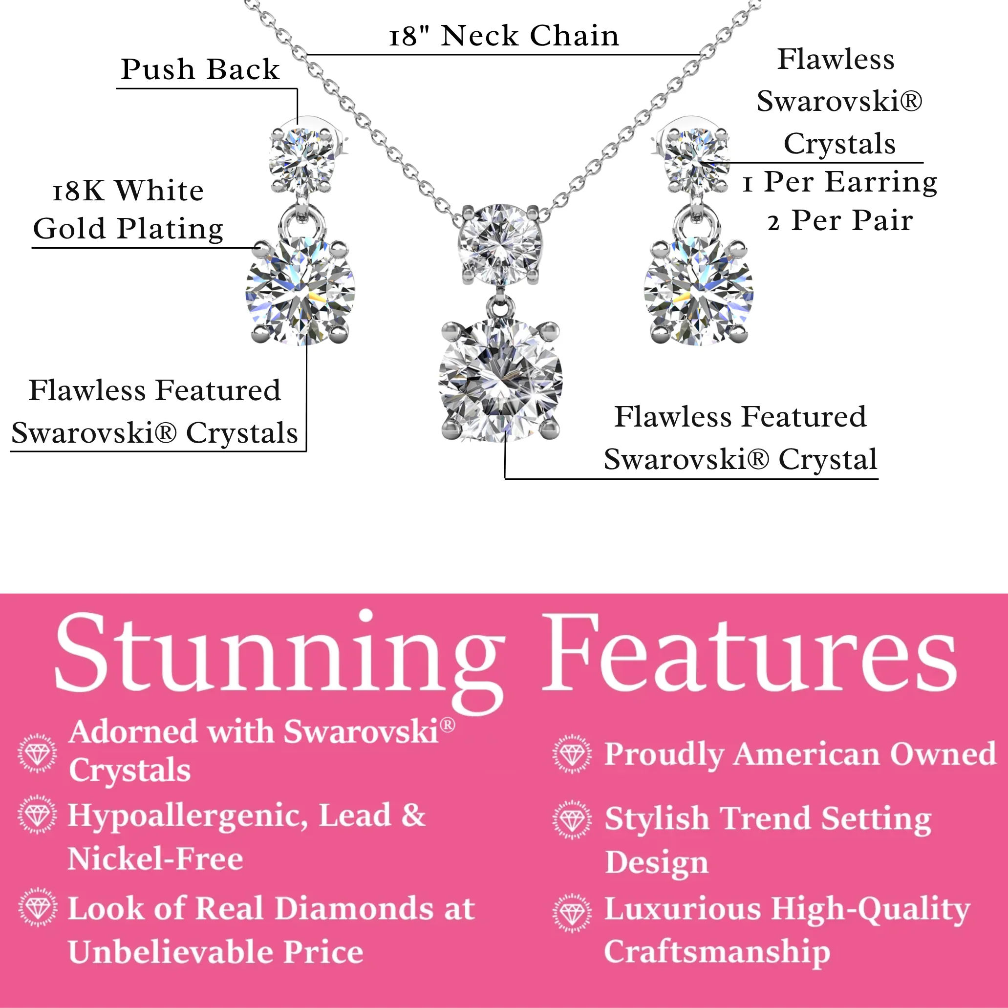 Jasmine 18k White Gold Plated Necklace and Earrings Jewelry Set with Swarovski Crystals - Image 3
