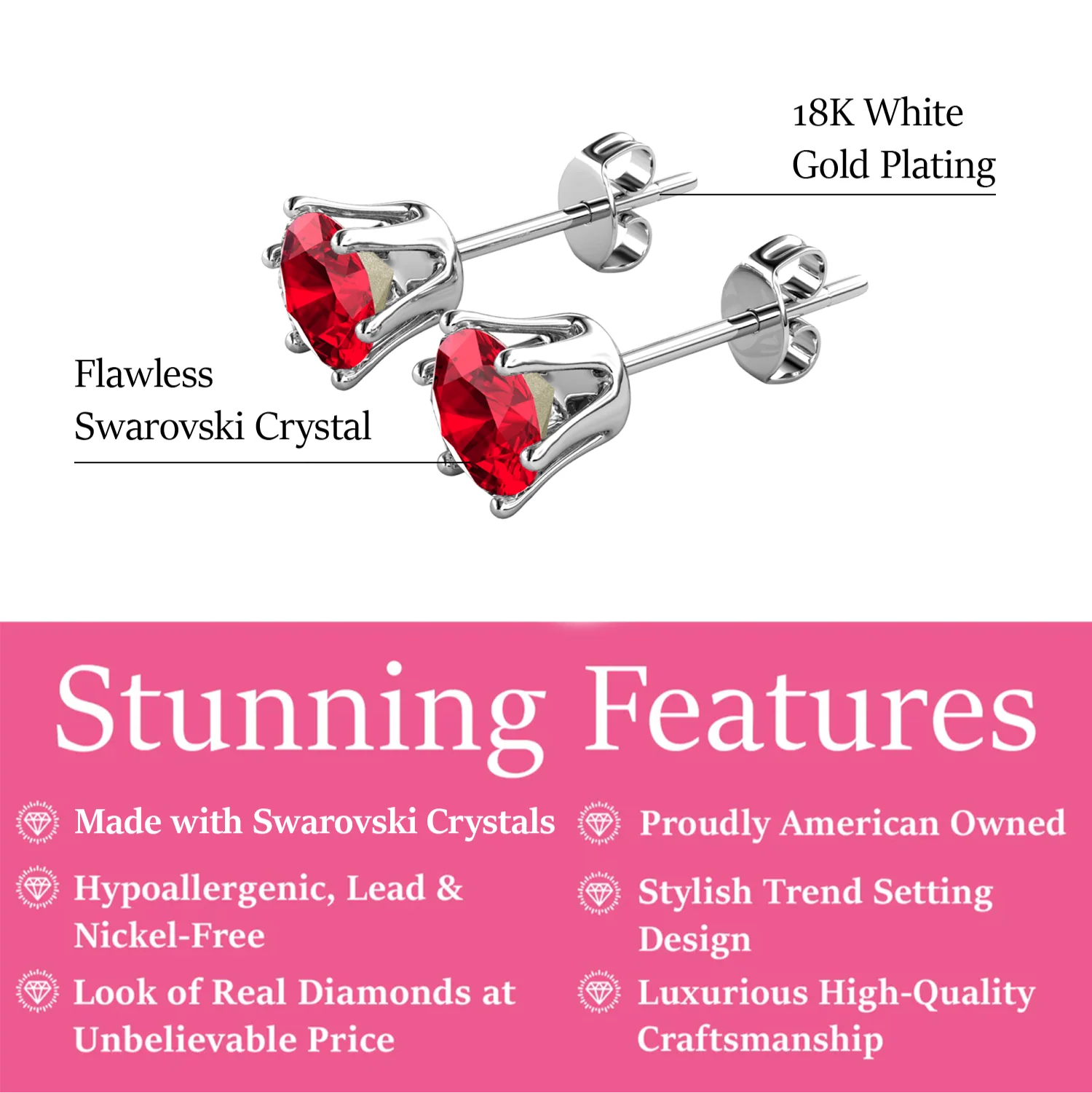 July Birthstone Ruby Earrings 18k White Gold Plated Stud Earrings with 1CT Swarovski Crystal - Image 2