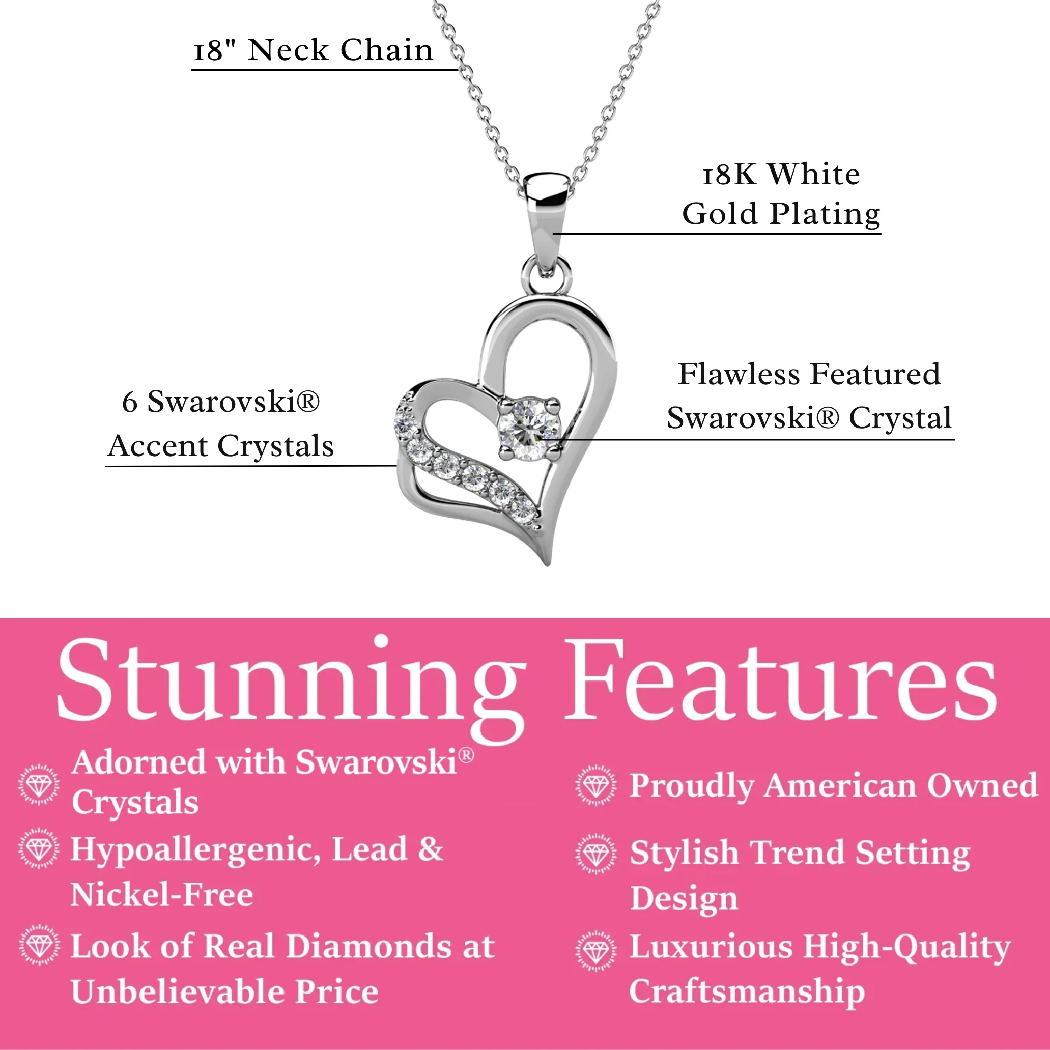 Kara 18k White Gold Plated Silver Heart Necklace with Swarovski Crystals - Image 3