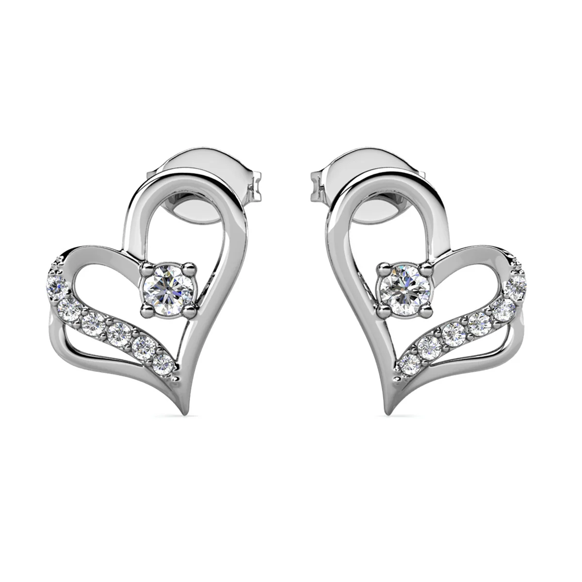 Kara 18k White Gold Plated Silver Heart Stud Earrings with Swarovski Crystals
